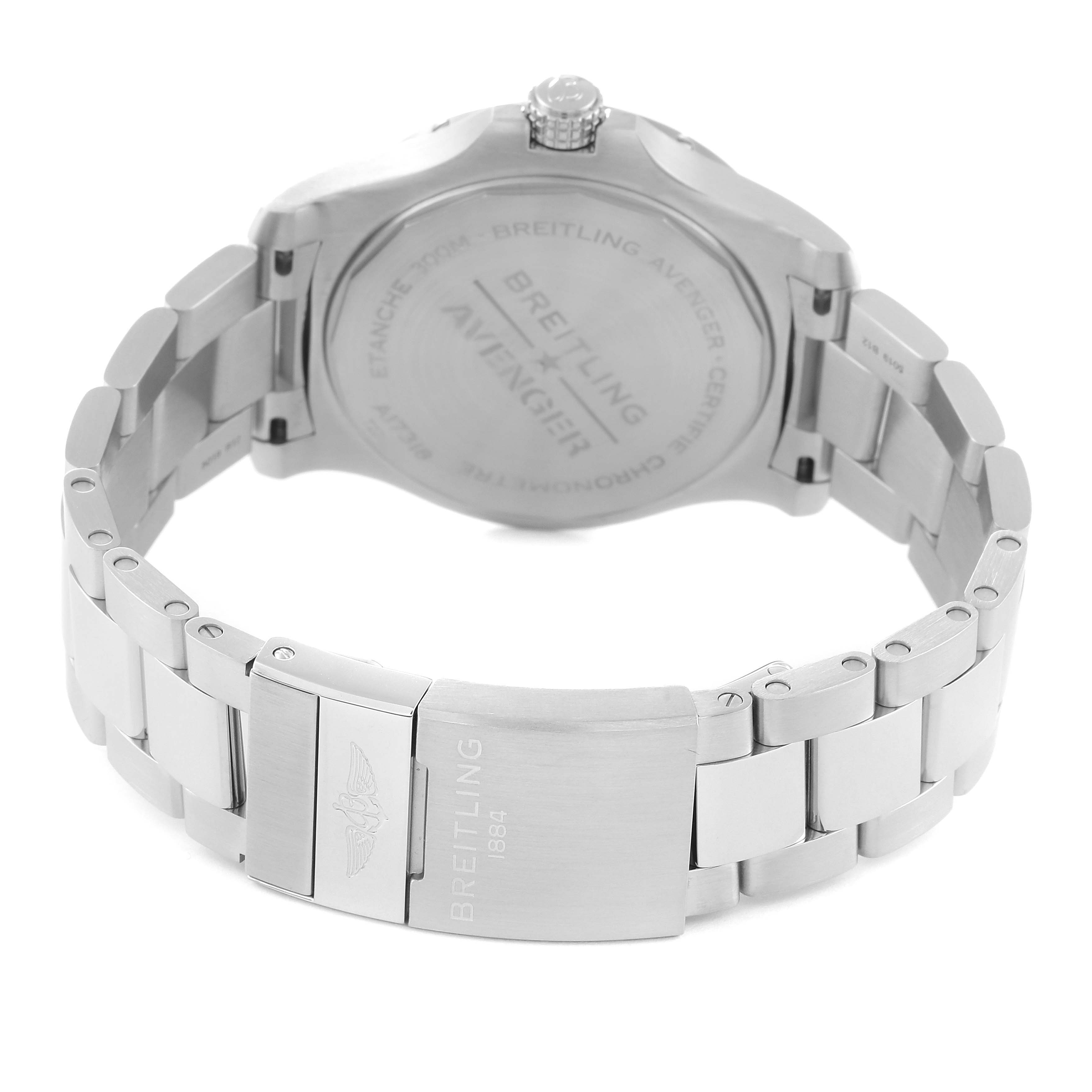 The image shows the back and clasp of the Breitling Avenger A17318101C1A1 Men's Stainless Steel Blue Dial A17318101C1A1 Men's Stainless Steel Blue Dial watch, highlighting the engraved case back and metal strap.
