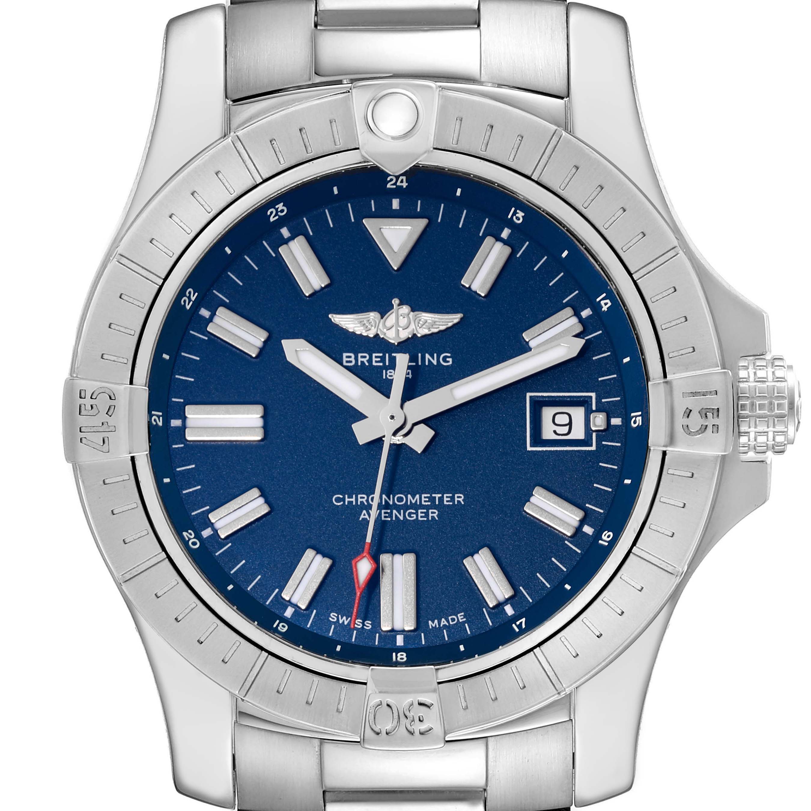 The image shows the Breitling Avenger A17318101C1A1 Men's Stainless Steel Blue Dial A17318101C1A1 Men's Stainless Steel Blue Dial watch face straight on, highlighting its blue dial, silver markers, and bracelet.