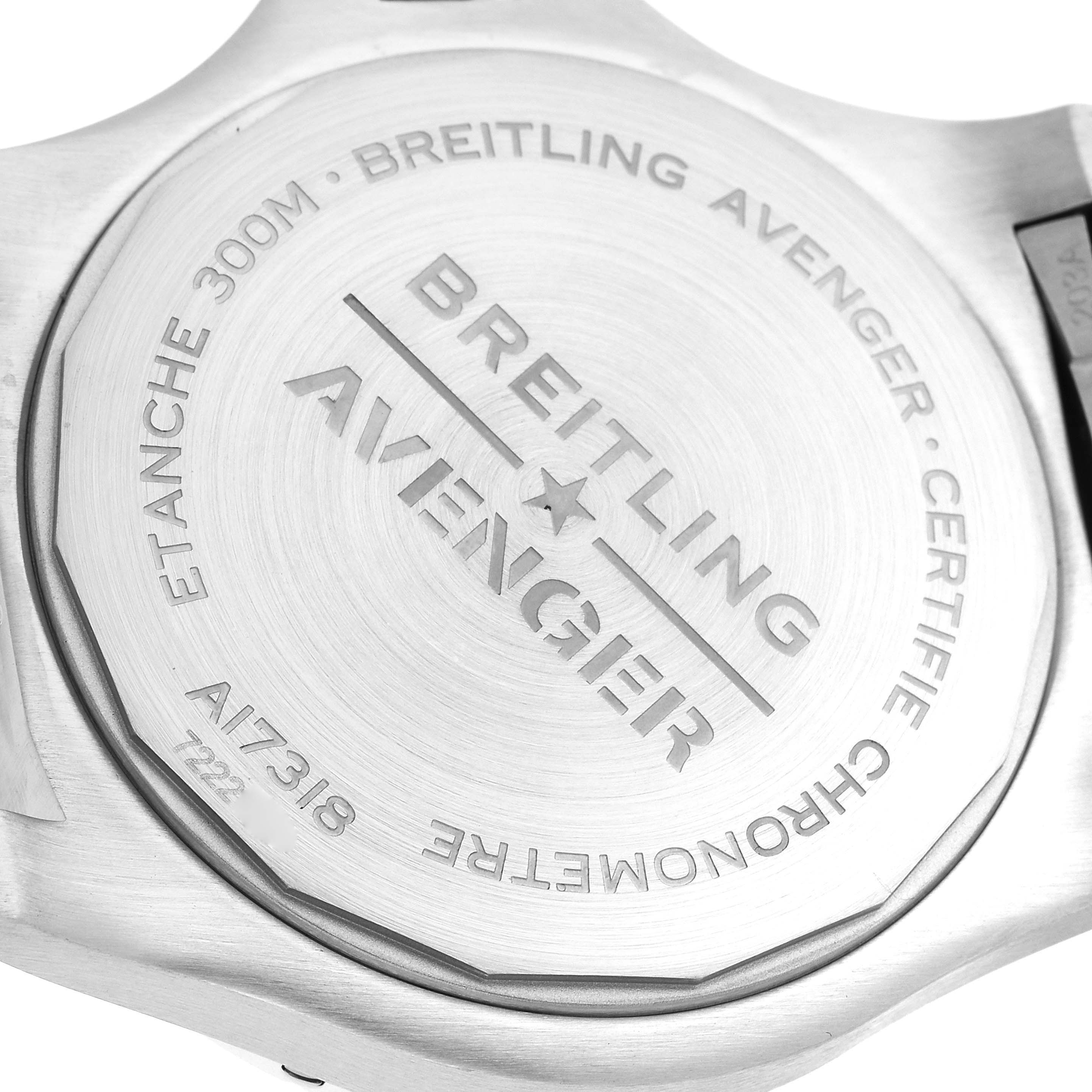 This image shows the back of the Breitling Avenger A17318101C1A1 Men's Stainless Steel Blue Dial A17318101C1A1 Men's Stainless Steel Blue Dial watch, displaying the model, brand, and text details.