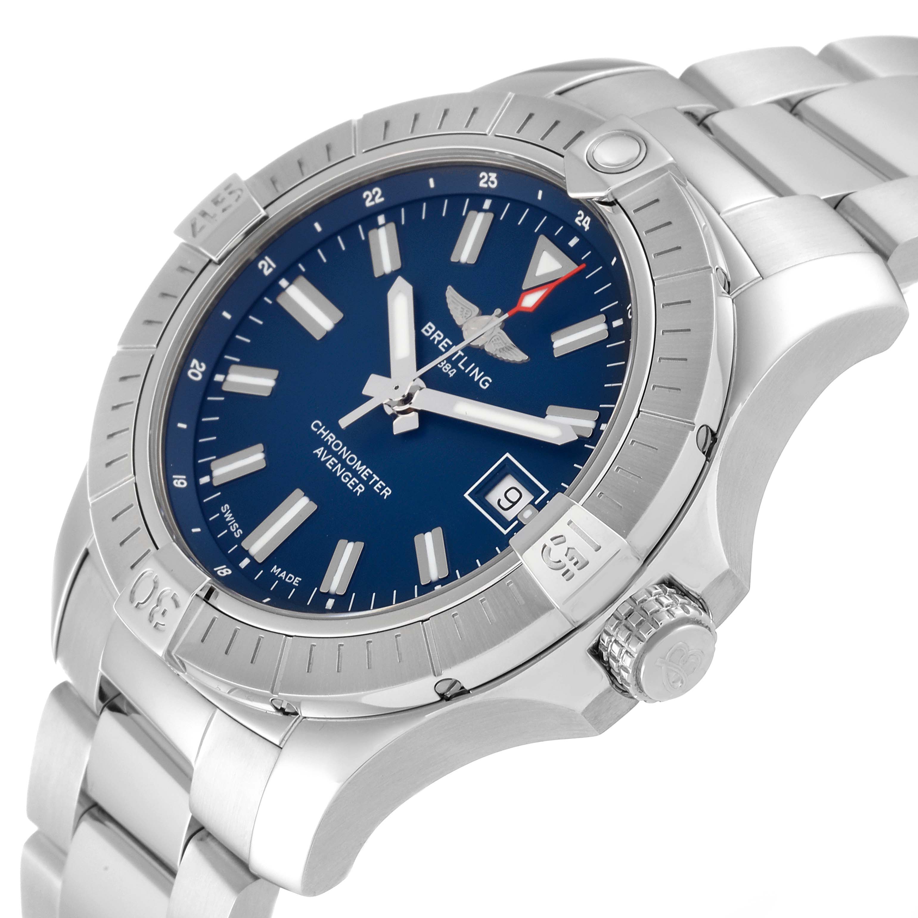 This image shows a Breitling Avenger A17318101C1A1 Men's Stainless Steel Blue Dial A17318101C1A1 Men's Stainless Steel Blue Dial watch at a slight angle, highlighting the blue dial, stainless steel bezel, and bracelet.
