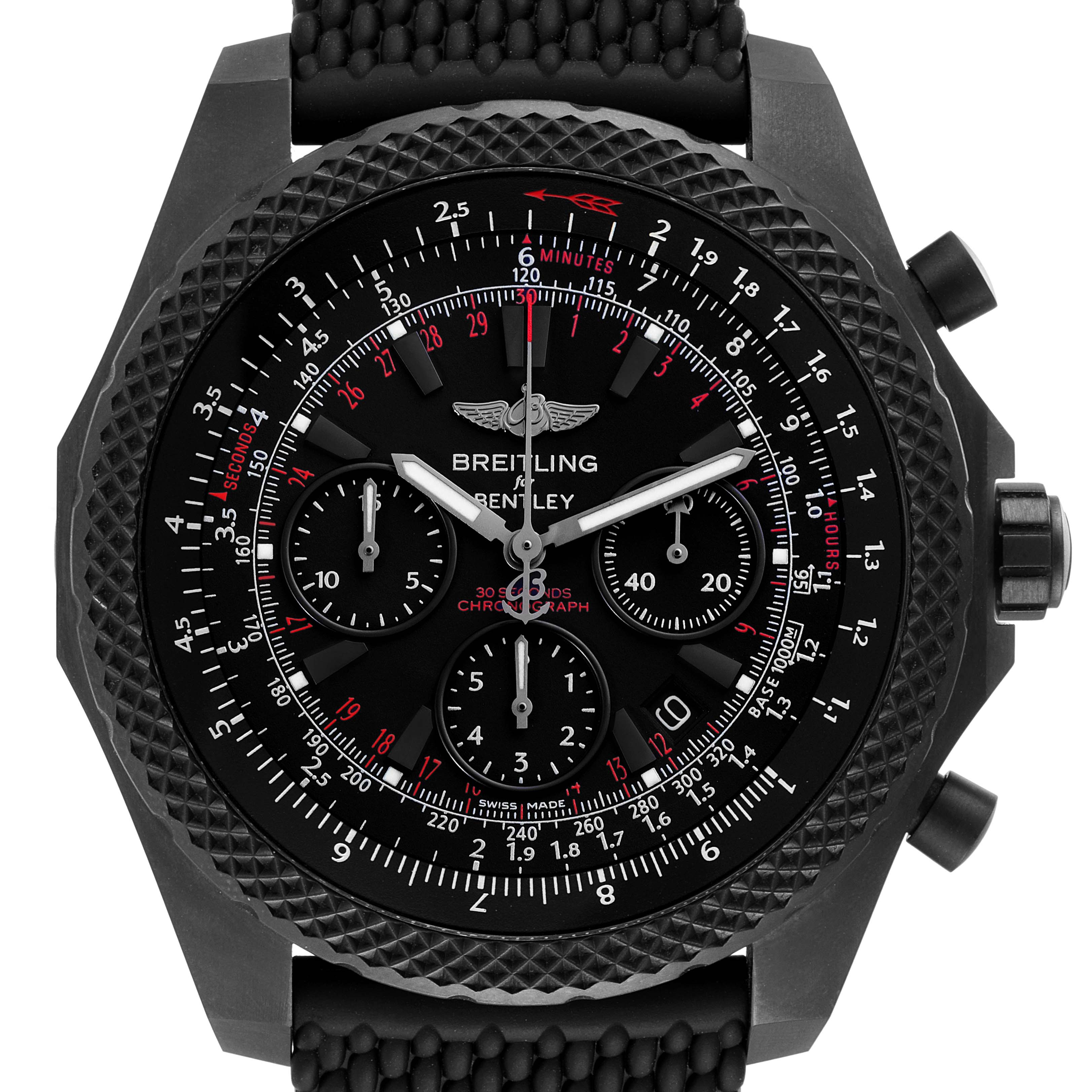 This image shows a front view of a Breitling Bentley V25367 Men's Titanium Black Dial V25367 Men's Titanium Black Dial watch, featuring its face, bezel, and side buttons.