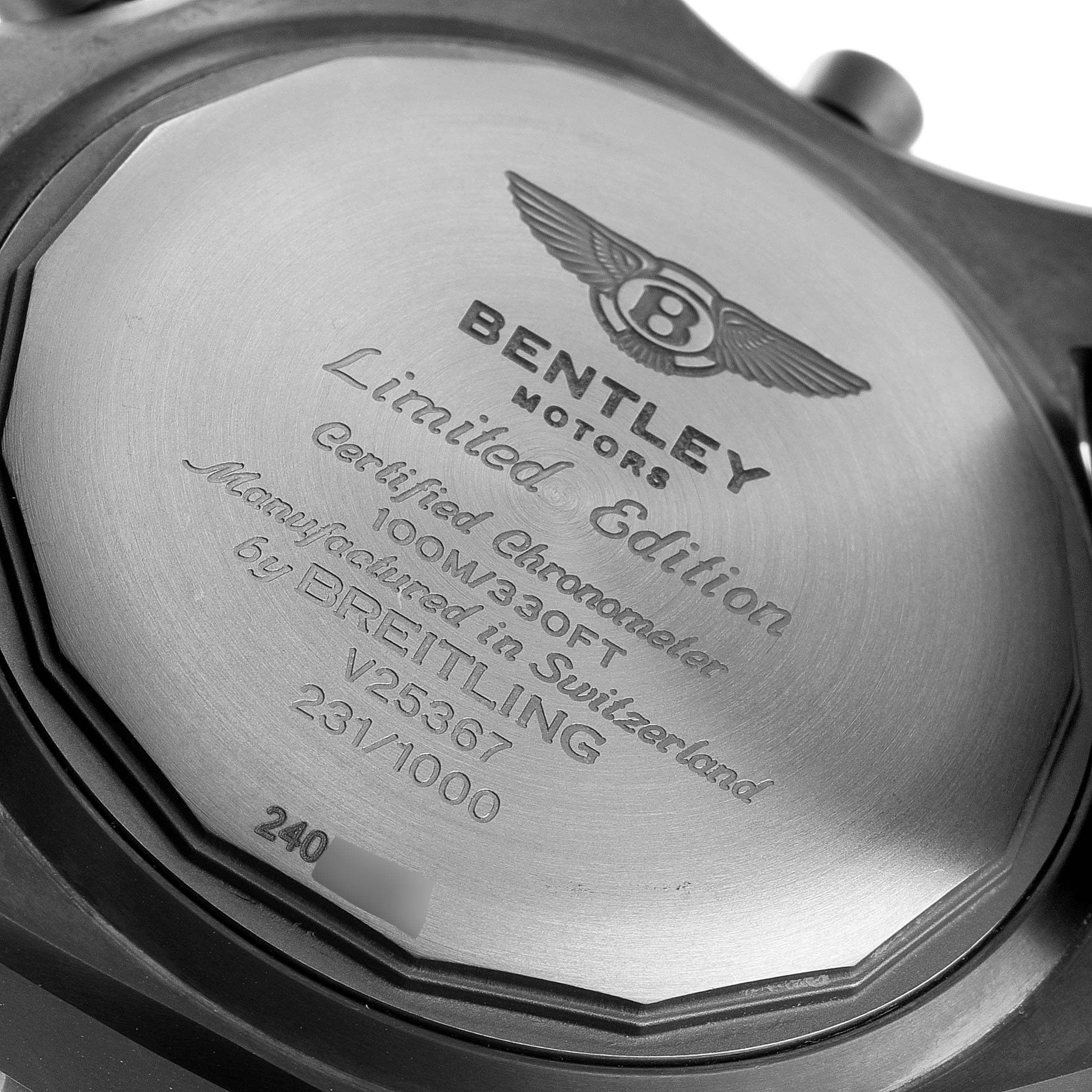 This image shows the back case of a Breitling Bentley V25367 Men's Titanium Black Dial V25367 Men's Titanium Black Dial model watch, highlighting its limited edition and certification details.