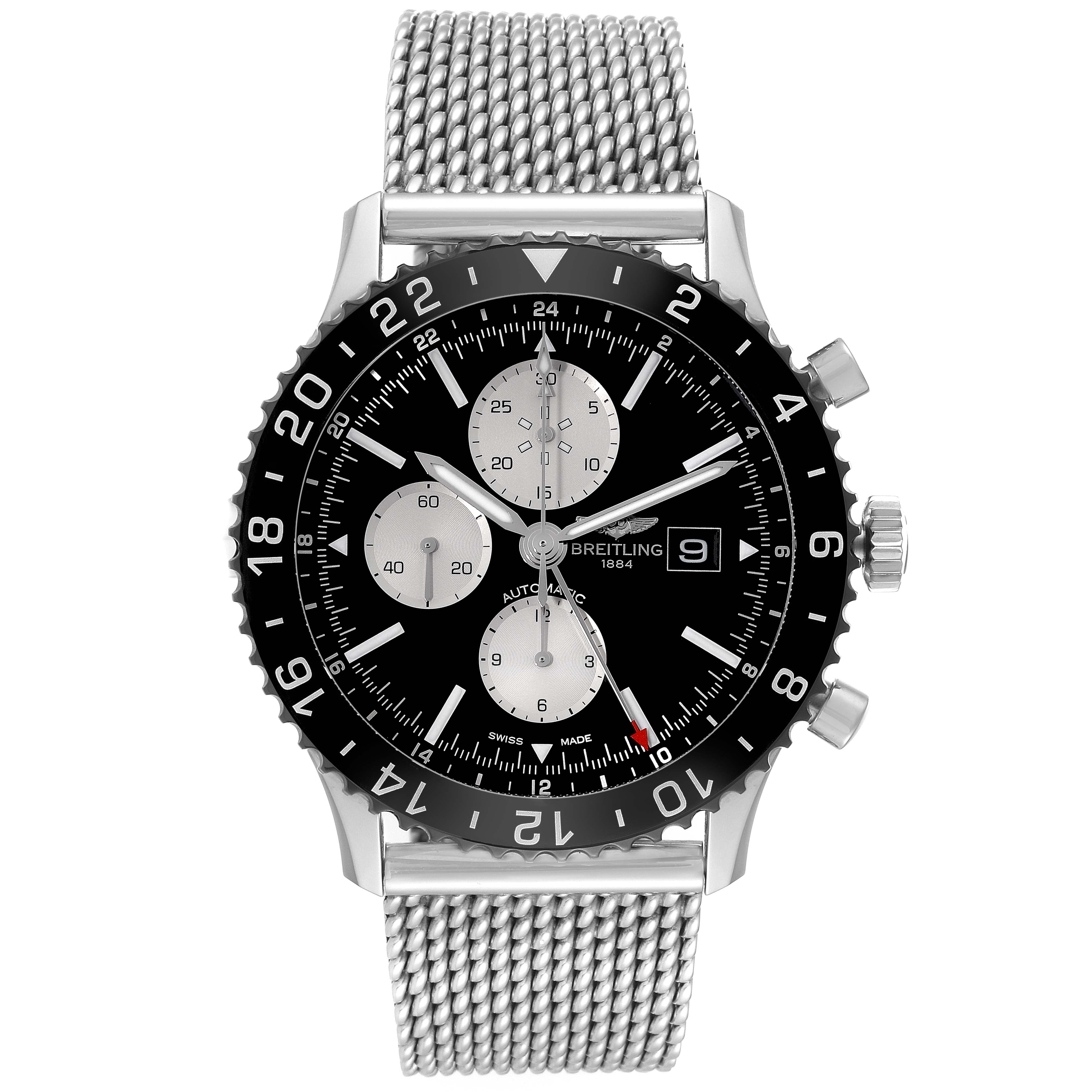 This image shows a front view of a Breitling Chronoliner Y2431012/BE10 Men's Stainless Steel Black Dial Y2431012/BE10 Men's Stainless Steel Black Dial watch, featuring its dial, bezel, and mesh bracelet.