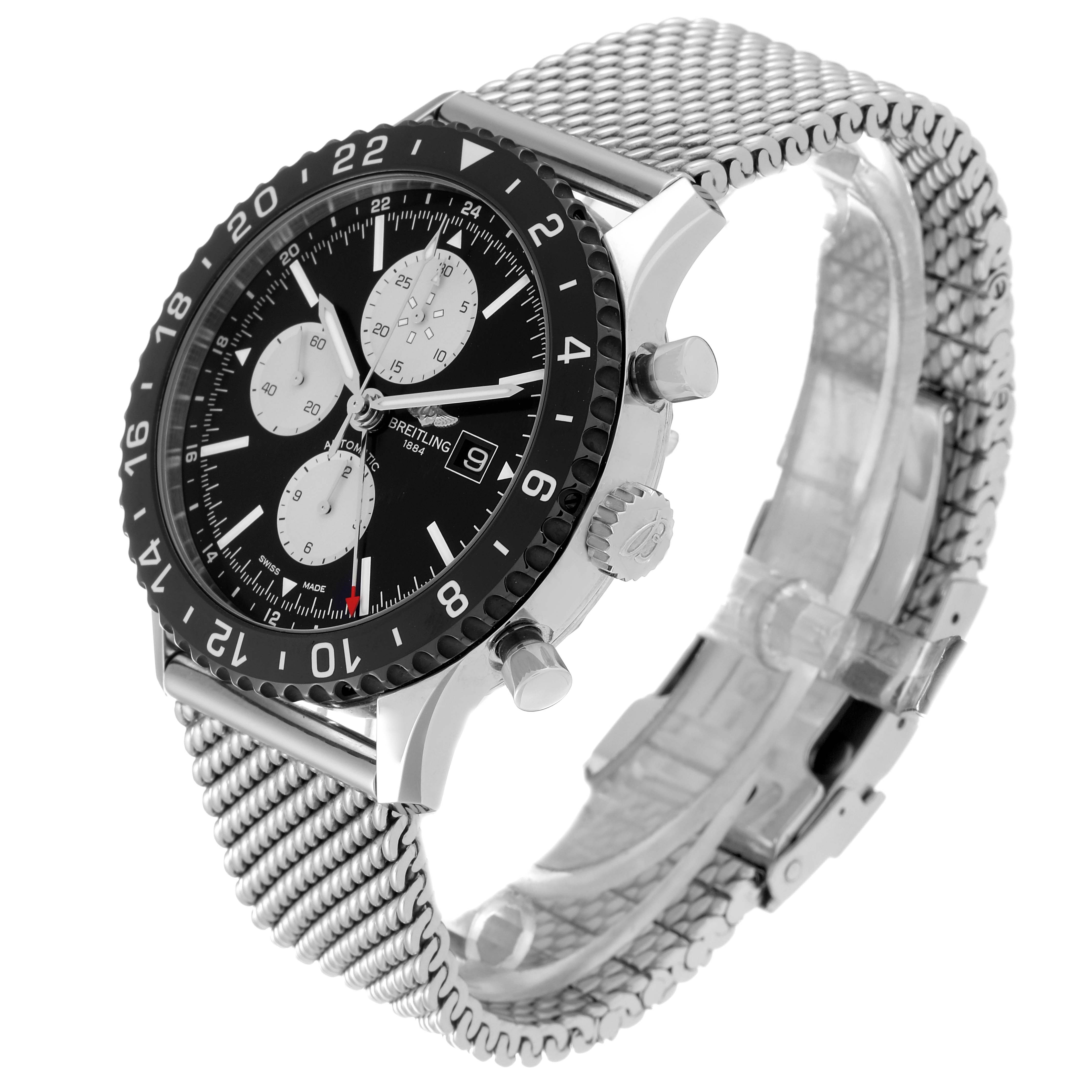 The image shows a side-angle view of the Breitling Chronoliner Y2431012/BE10 Men's Stainless Steel Black Dial Y2431012/BE10 Men's Stainless Steel Black Dial watch, highlighting the face, bezel, crown, pushers, and metal mesh strap.