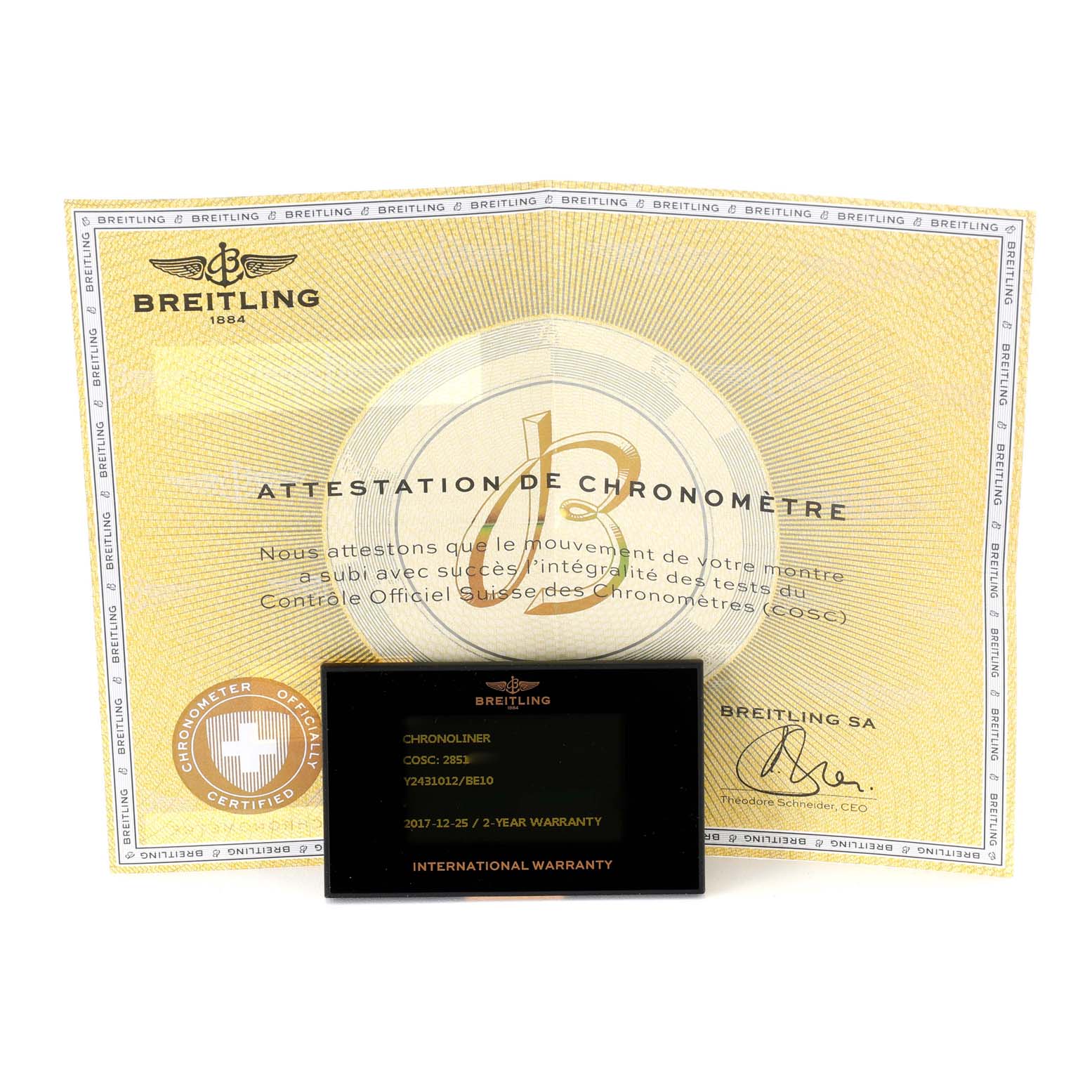 This image shows a Breitling Chronoliner Y2431012/BE10 Men's Stainless Steel Black Dial Y2431012/BE10 Men's Stainless Steel Black Dial warranty card and chronometer certificate from a frontal angle.