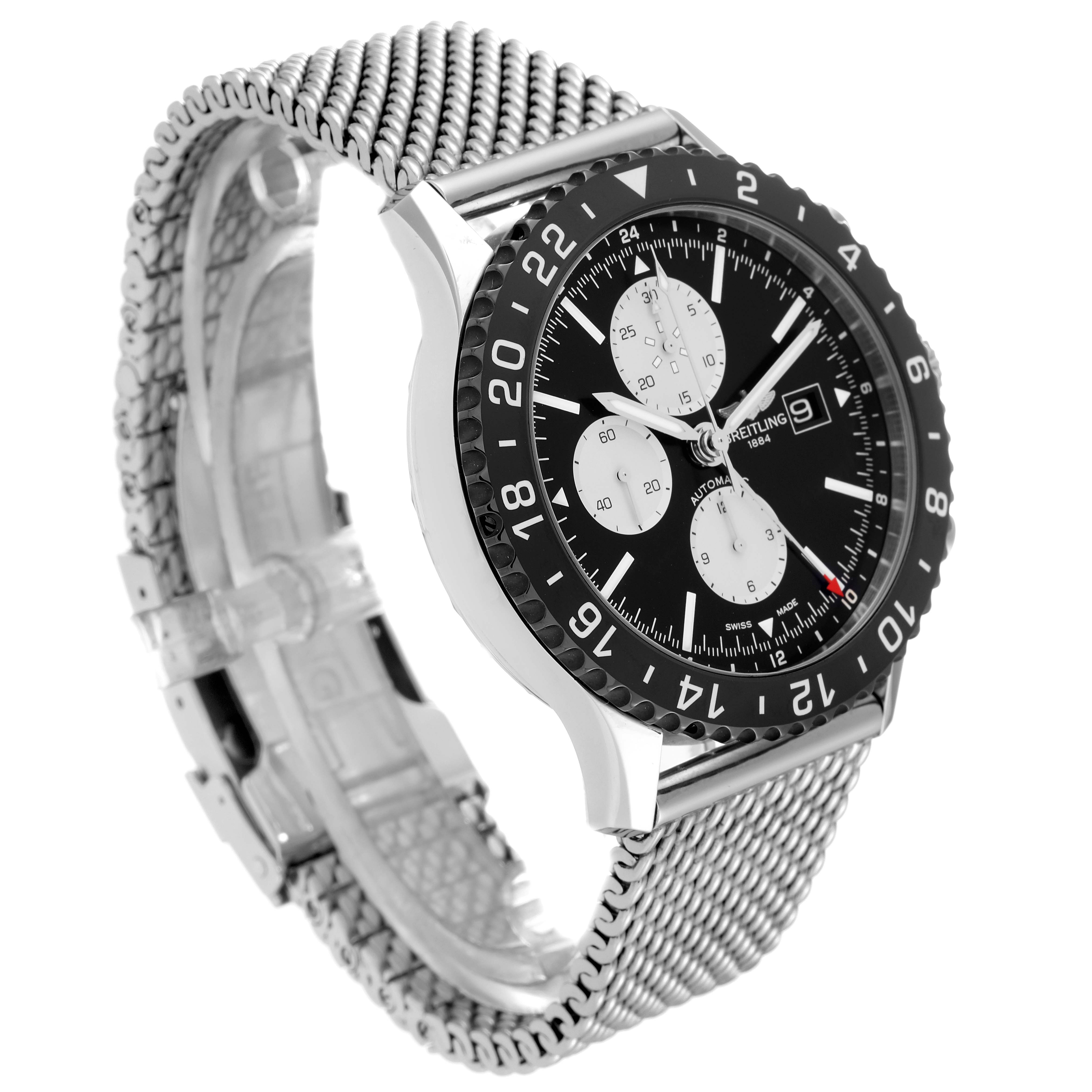The image shows a side angle of the Breitling Chronoliner Y2431012/BE10 Men's Stainless Steel Black Dial Y2431012/BE10 Men's Stainless Steel Black Dial watch, highlighting its black dial, bezel, chronograph subdials, and mesh bracelet.