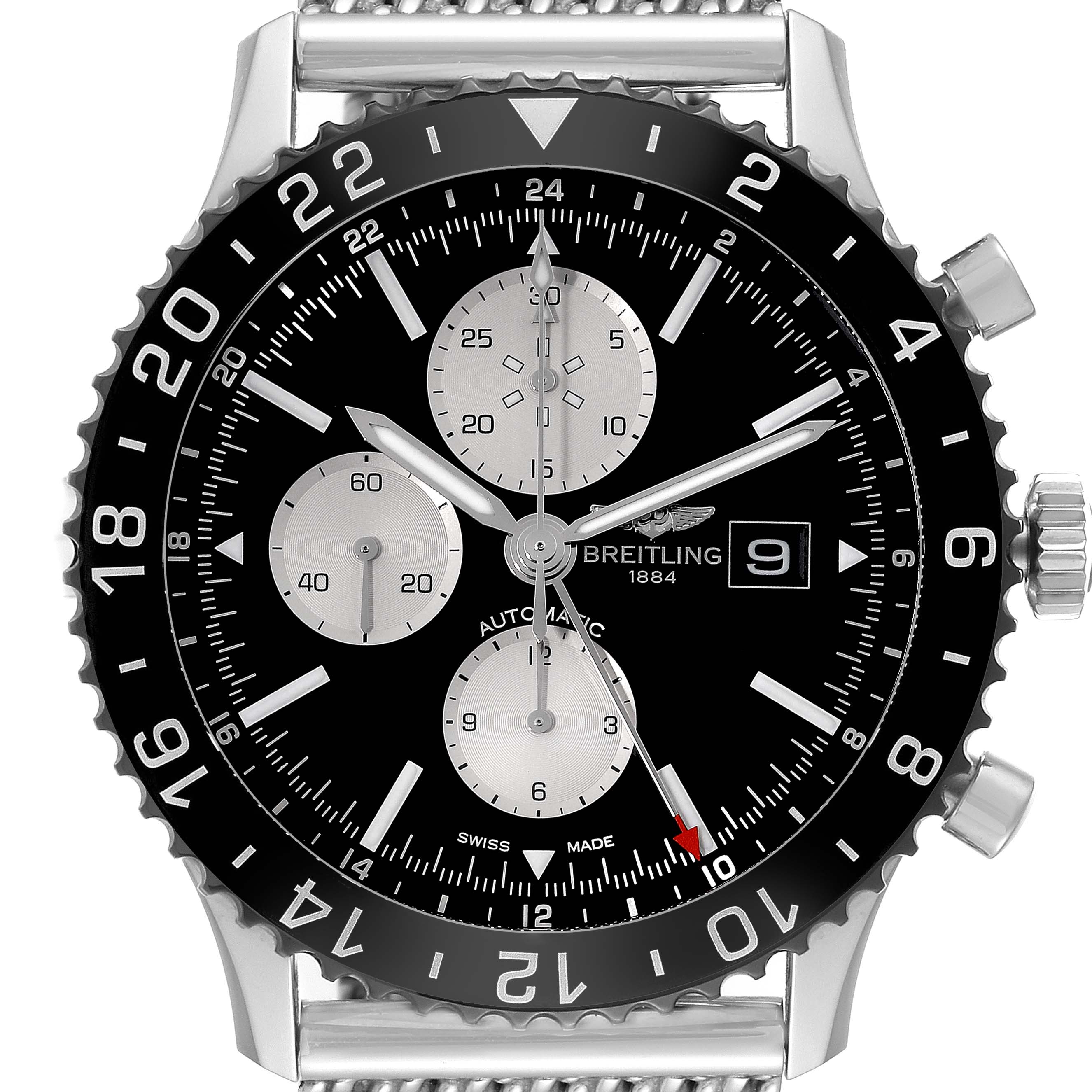 This image shows a front view of the Breitling Chronoliner Y2431012/BE10 Men's Stainless Steel Black Dial Y2431012/BE10 Men's Stainless Steel Black Dial watch, highlighting its face, bezel, subdials, and crown.