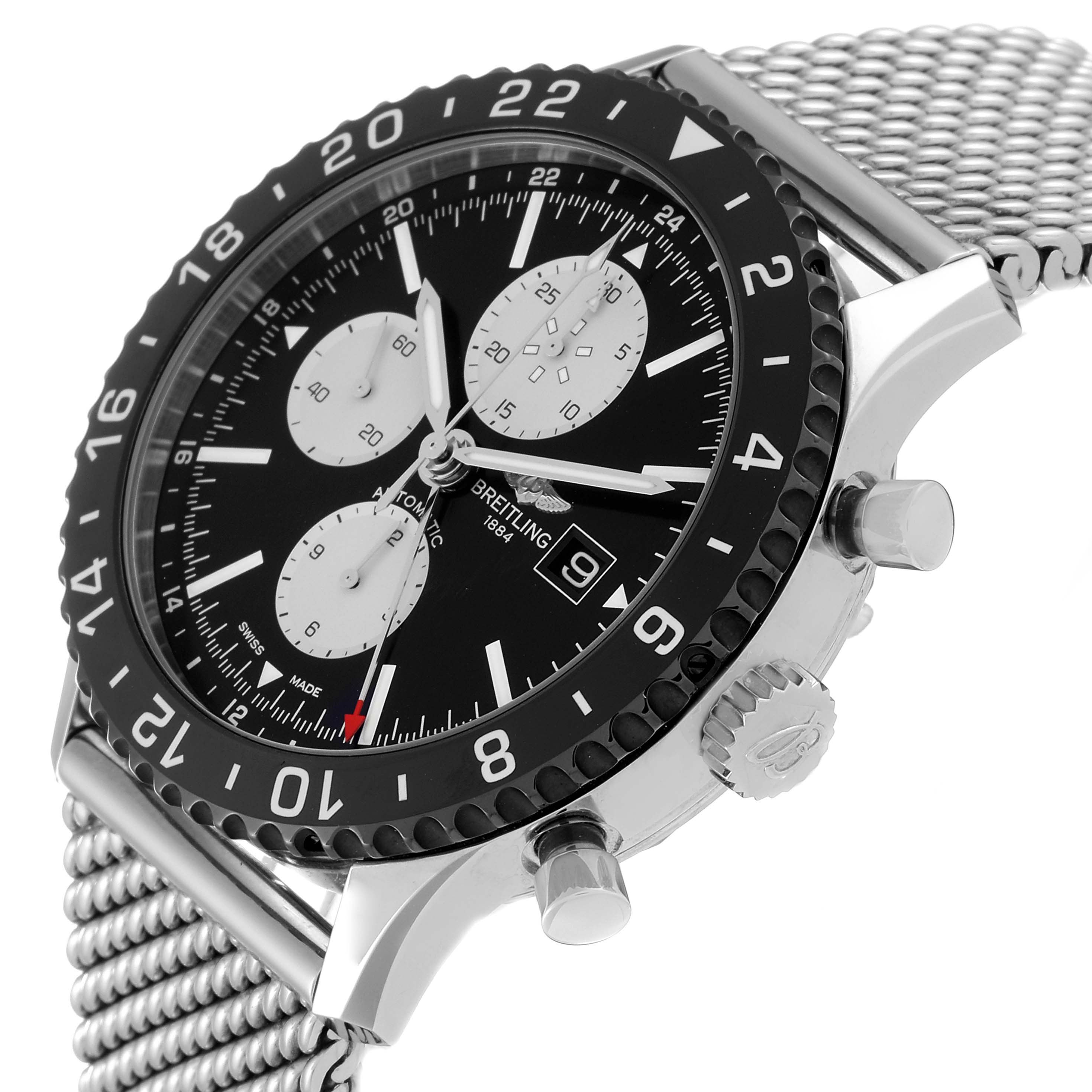 The Breitling Chronoliner Y2431012/BE10 Men's Stainless Steel Black Dial Y2431012/BE10 Men's Stainless Steel Black Dial watch is shown at an angle highlighting its black dial, bezel, chronograph subdials, crown, pushers, and mesh bracelet.