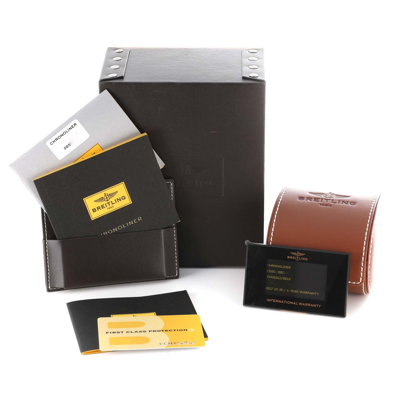 The image shows Breitling Chronoliner Y2431012/BE10 Men's Stainless Steel Black Dial Y2431012/BE10 Men's Stainless Steel Black Dial packaging, manuals, a warranty card, and a leather watch case.