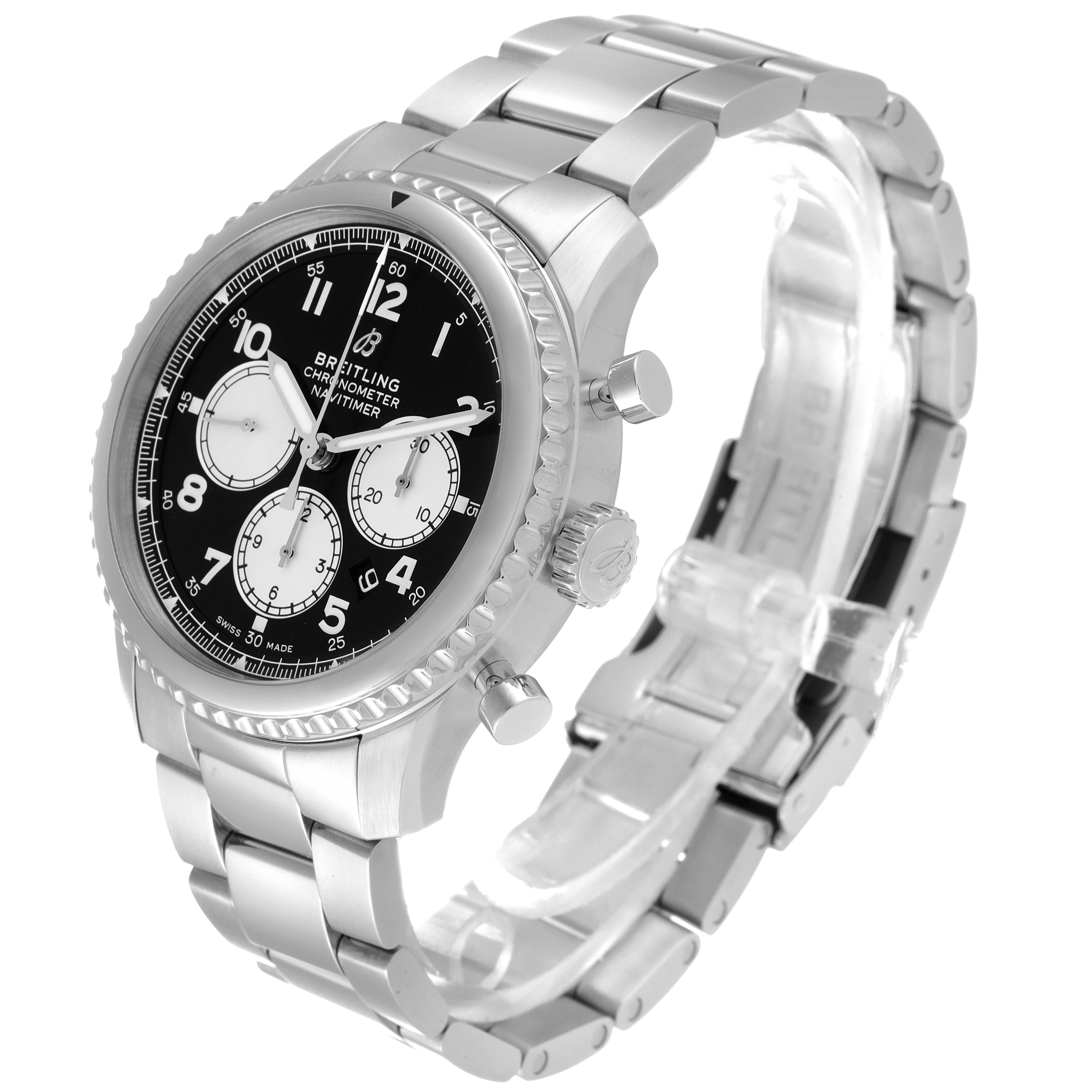 The image shows a side and front angle view of the Breitling Navitimer watch, highlighting its stainless steel case and bracelet.