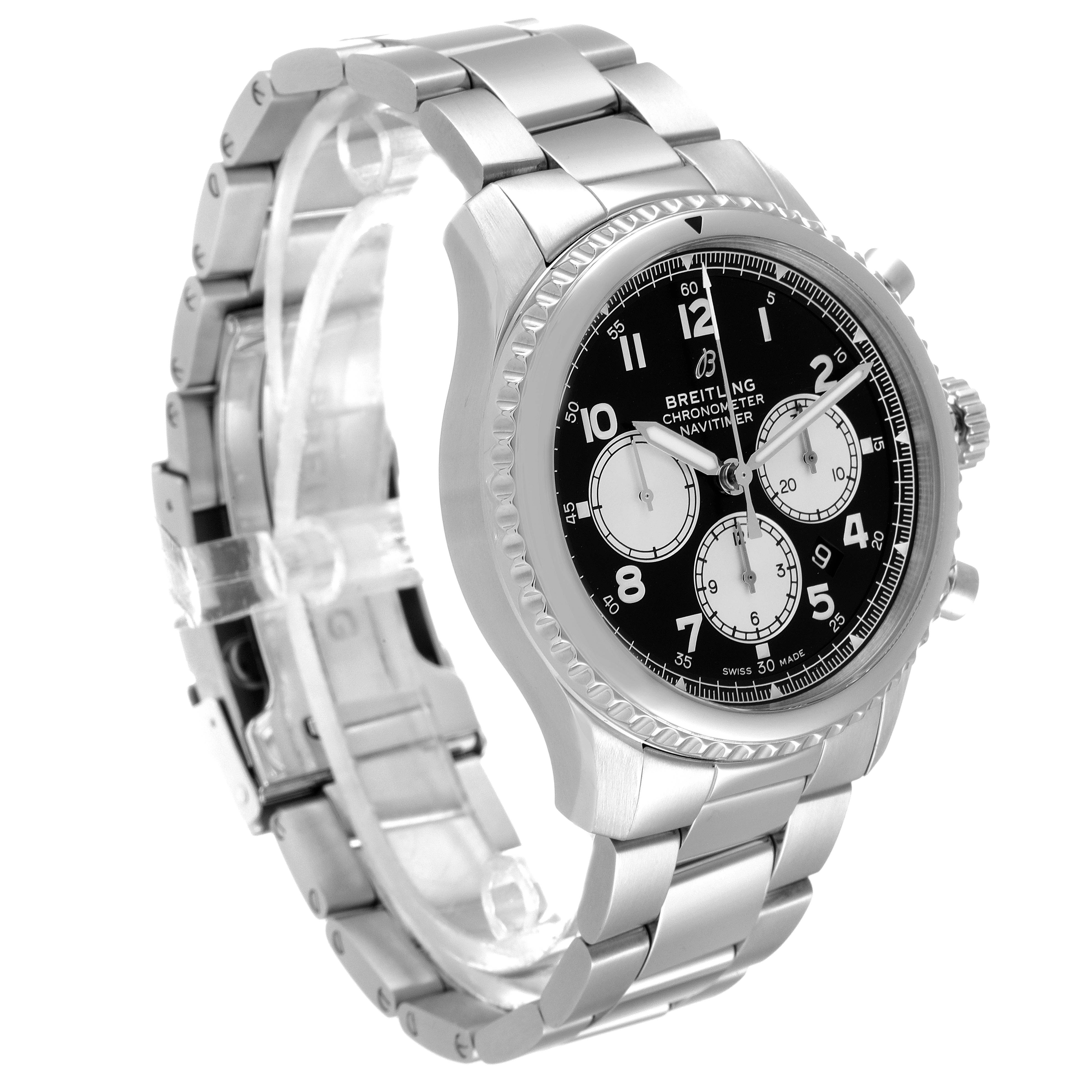 The image shows a side and front view of the Breitling Navitimer watch, highlighting its black dial, chronograph, and stainless steel bracelet.