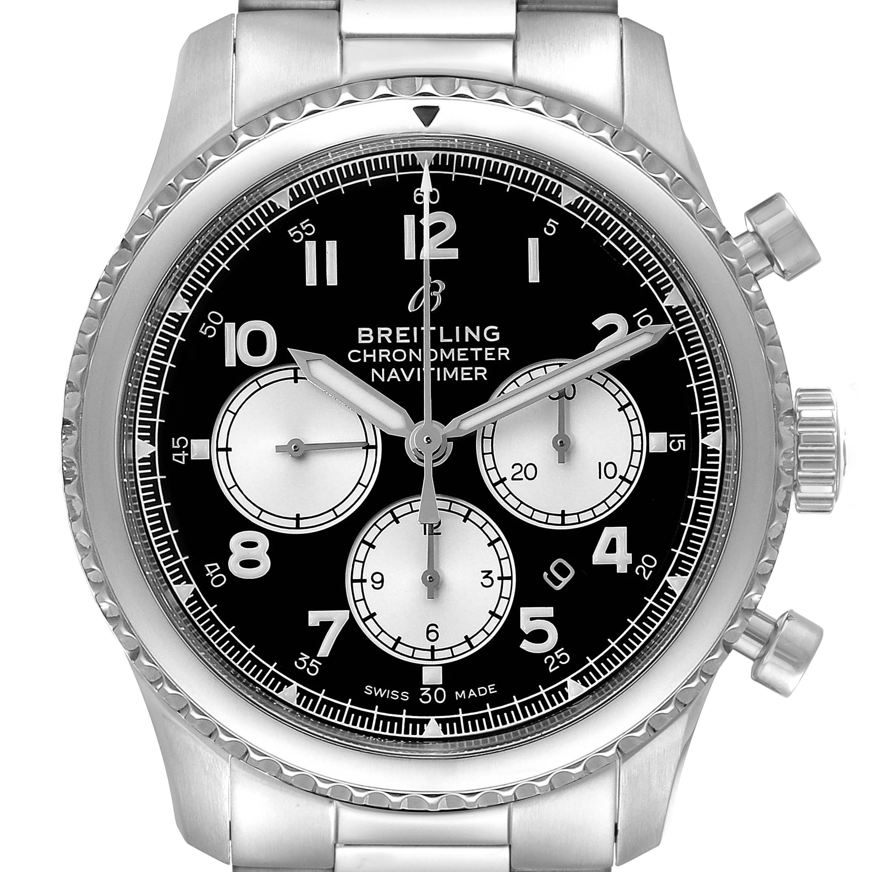 The Breitling Aviator AB0117 Men's Stainless Steel Black Dial AB0117 Men's Stainless Steel Black Dial Navitimer watch is shown from a front angle, displaying its chronograph dials and stainless steel bracelet.