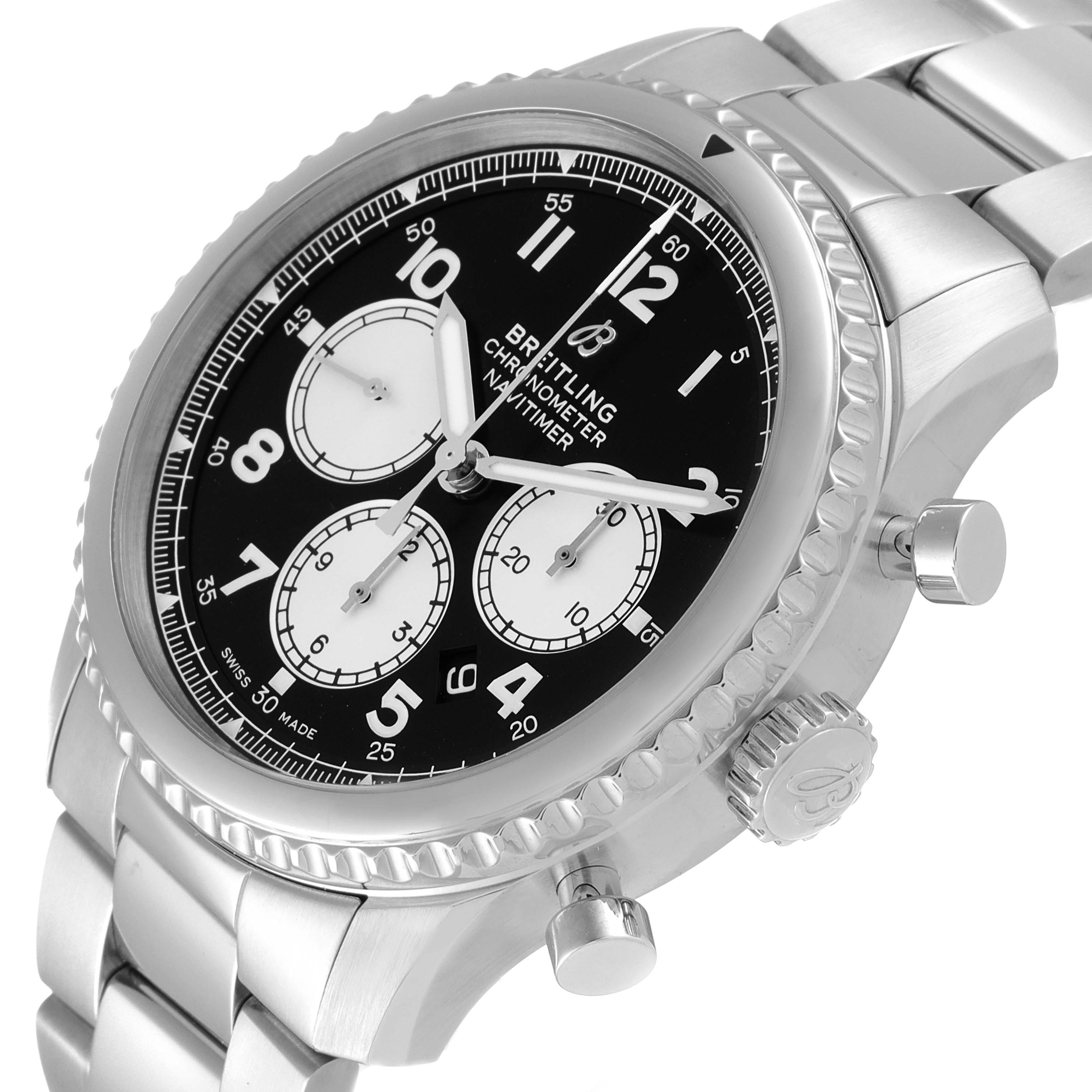 The image shows a close-up angled view of a Breitling Navitimer watch, displaying the face, bezel, crown, and part of the bracelet.