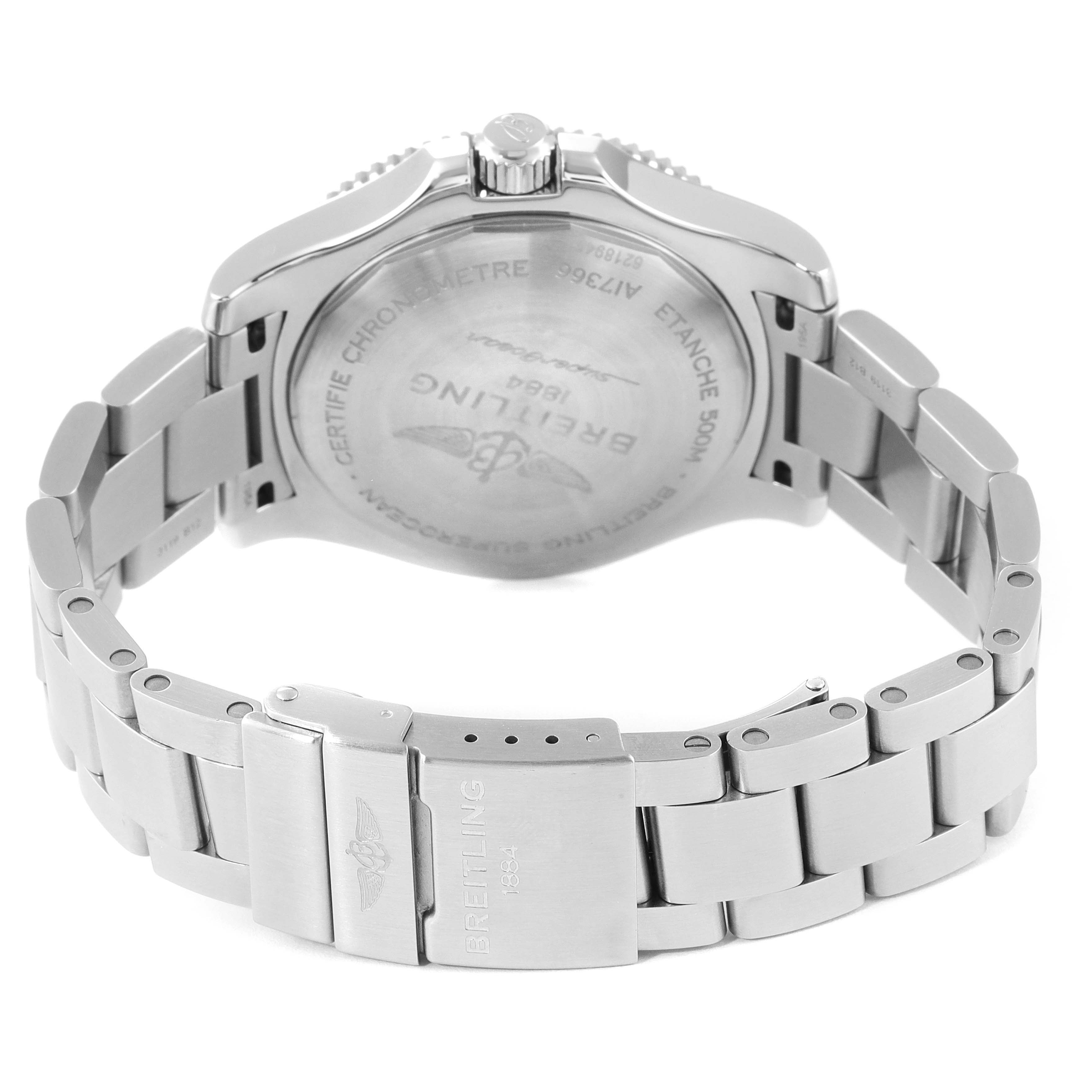 The image shows the back and bracelet clasp of a Breitling Superocean A17366 Men's Stainless Steel Black Dial A17366 Men's Stainless Steel Black Dial watch from a rear angle.