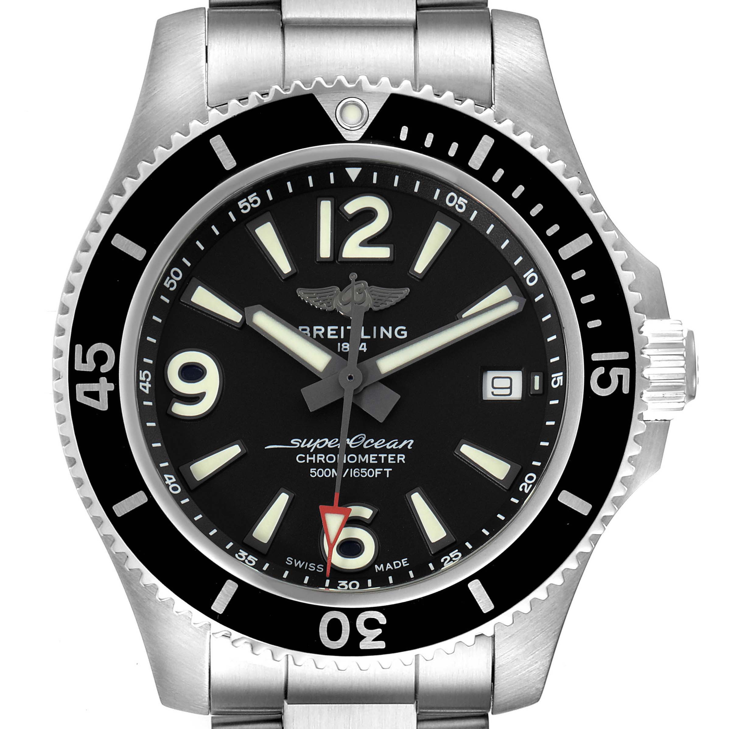 This Breitling Superocean A17366 Men's Stainless Steel Black Dial A17366 Men's Stainless Steel Black Dial watch is shown from a straight-on angle, highlighting its face, bezel, and part of the bracelet.