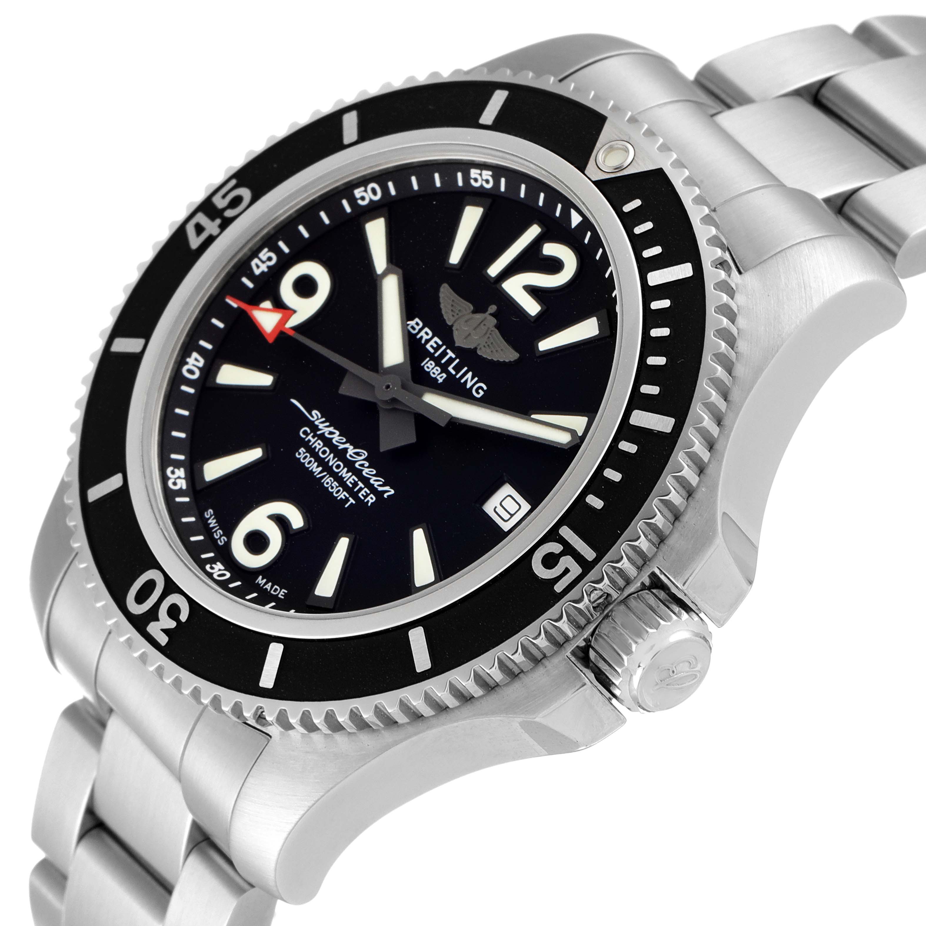 The image shows a Breitling Superocean A17366 Men's Stainless Steel Black Dial A17366 Men's Stainless Steel Black Dial watch from an angled side view, including its bezel, dial, and metal bracelet.