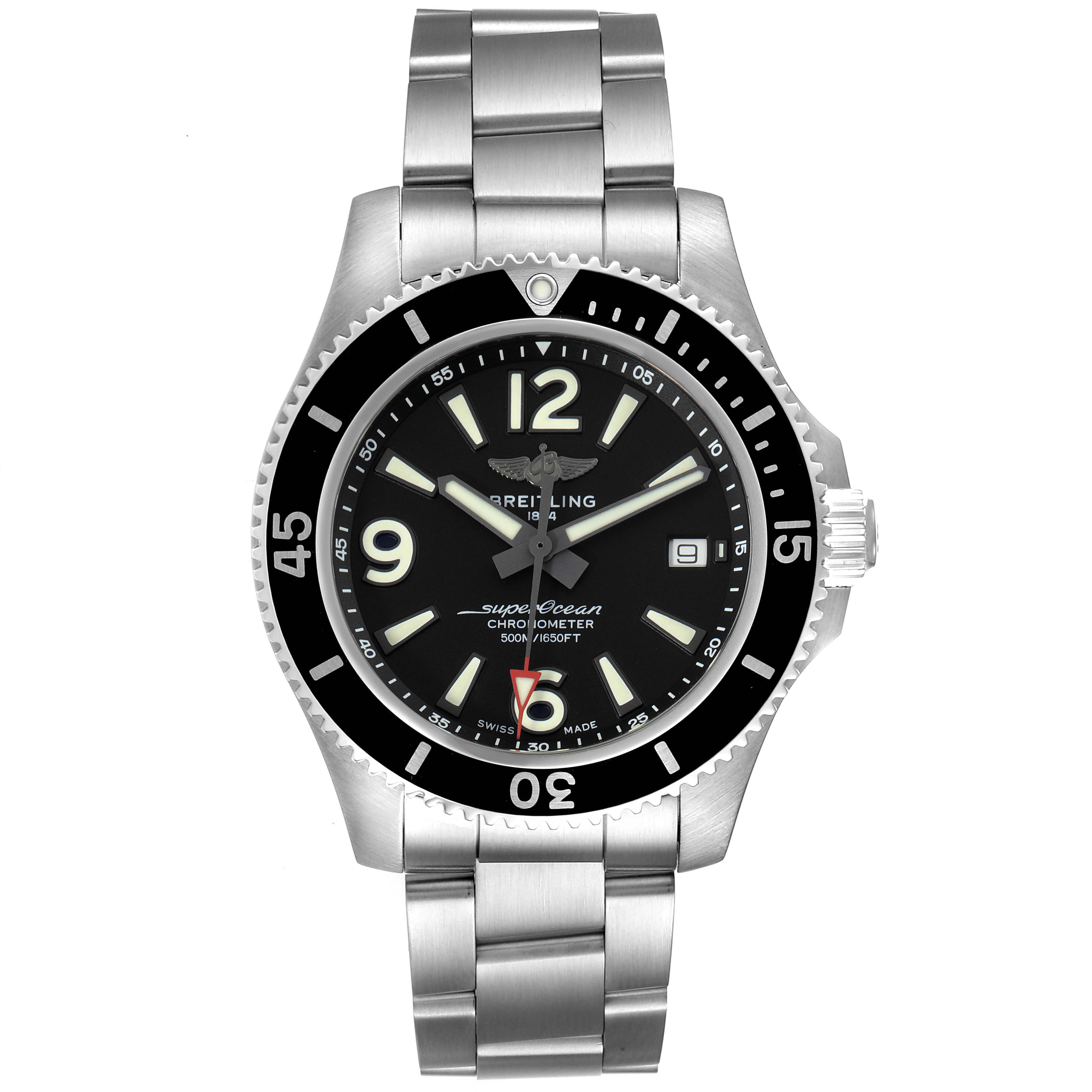 The image shows a front view of the Breitling Superocean A17366 Men's Stainless Steel Black Dial A17366 Men's Stainless Steel Black Dial watch, featuring the dial, bezel, and stainless steel bracelet.