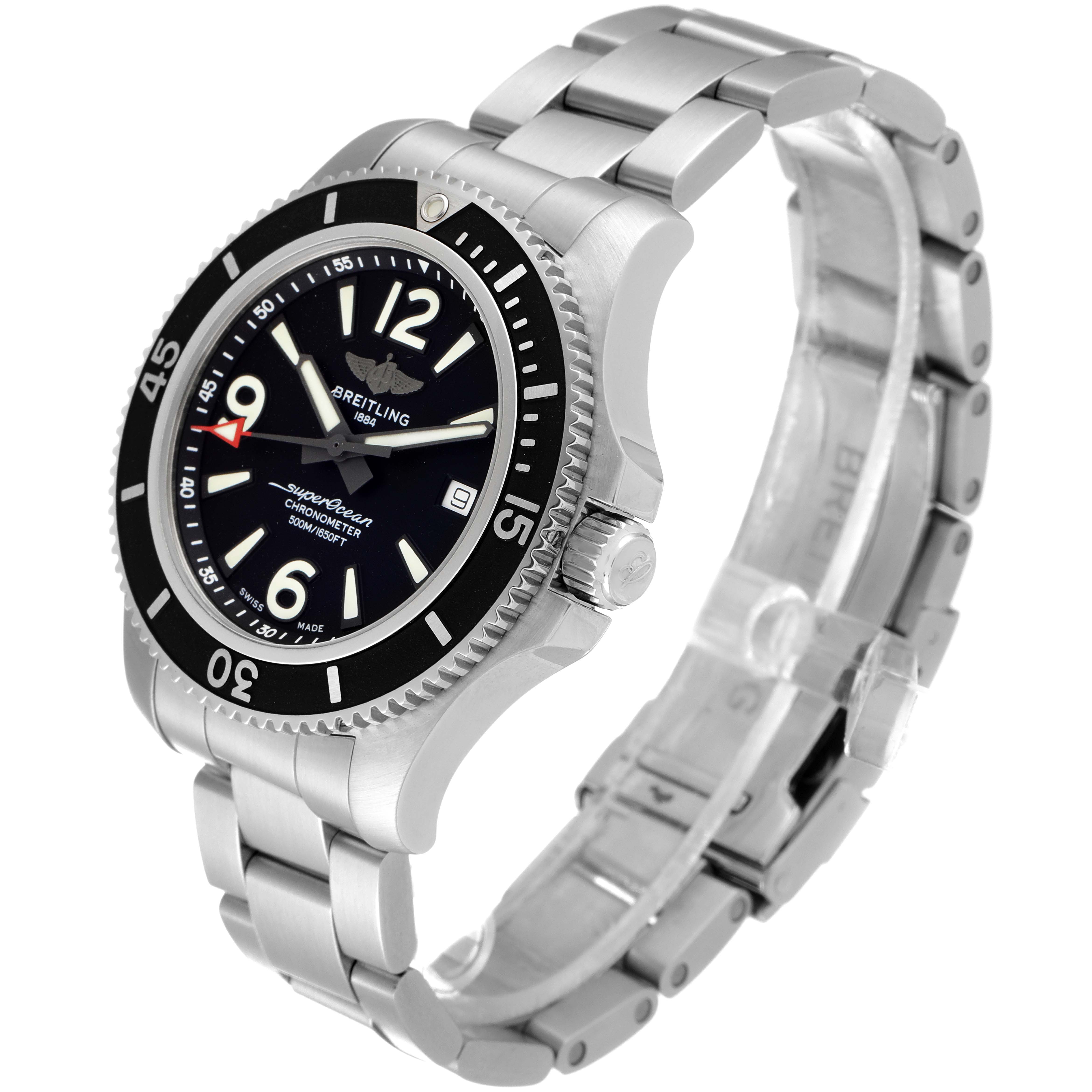 The image shows a Breitling Superocean A17366 Men's Stainless Steel Black Dial A17366 Men's Stainless Steel Black Dial watch at an angled side view, highlighting its dial, bezel, and metal bracelet.