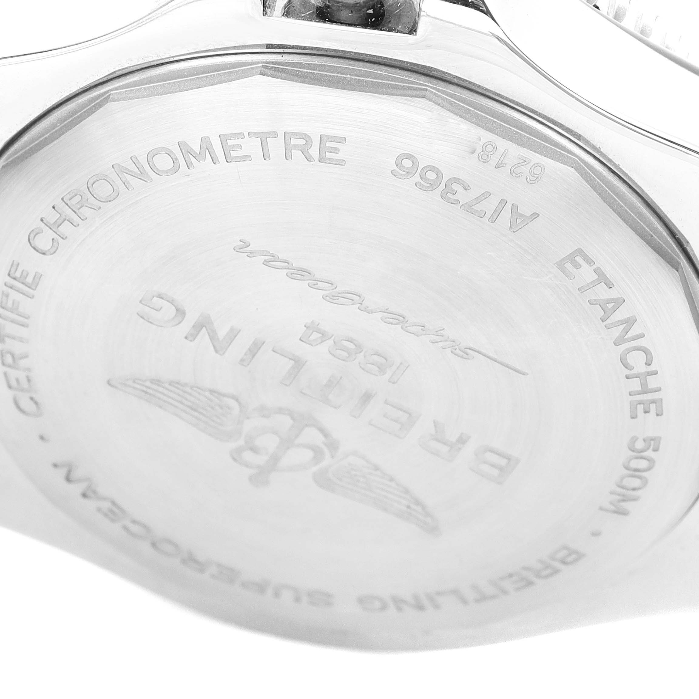 The image shows the back case of the Breitling Superocean A17366 Men's Stainless Steel Black Dial A17366 Men's Stainless Steel Black Dial watch with engravings detailing model and brand information.
