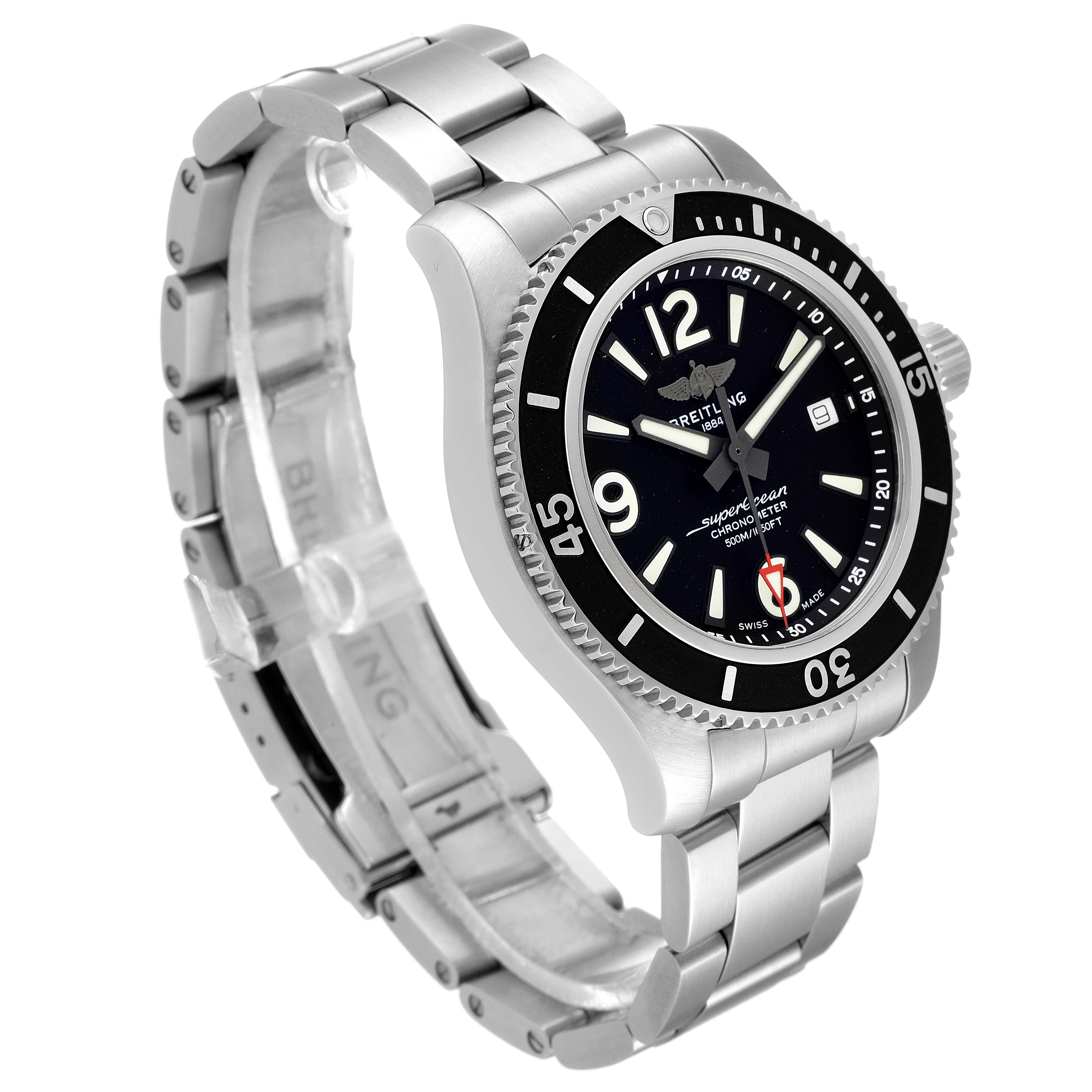 The Breitling Superocean A17366 Men's Stainless Steel Black Dial A17366 Men's Stainless Steel Black Dial watch is shown at an angle that highlights the face, bezel, crown, and stainless steel bracelet.