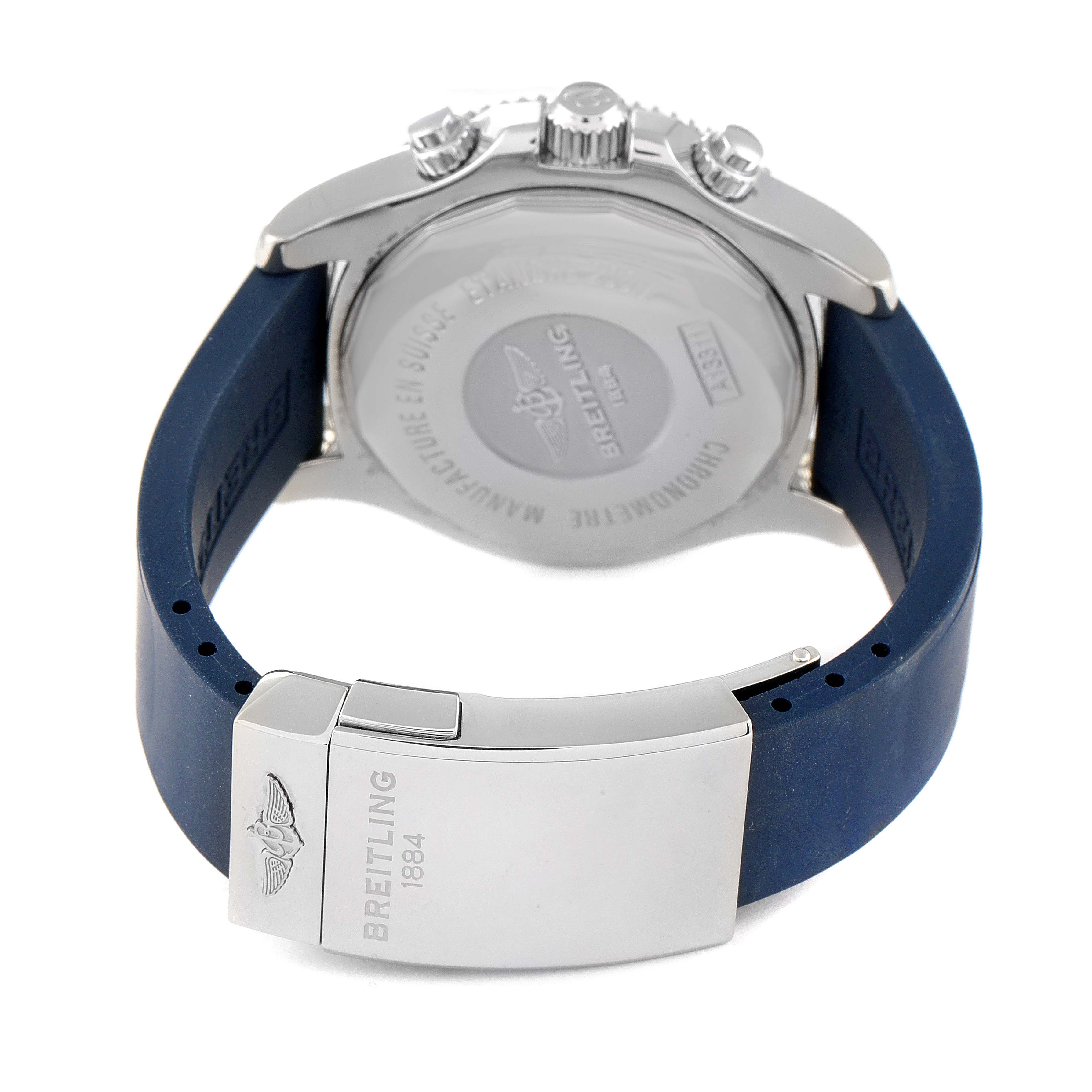 The image shows the back view of a Breitling Superocean A13311 Men's Stainless Steel Blue Dial A13311 Men's Stainless Steel Blue Dial watch, highlighting the rear casing and blue strap clasp.