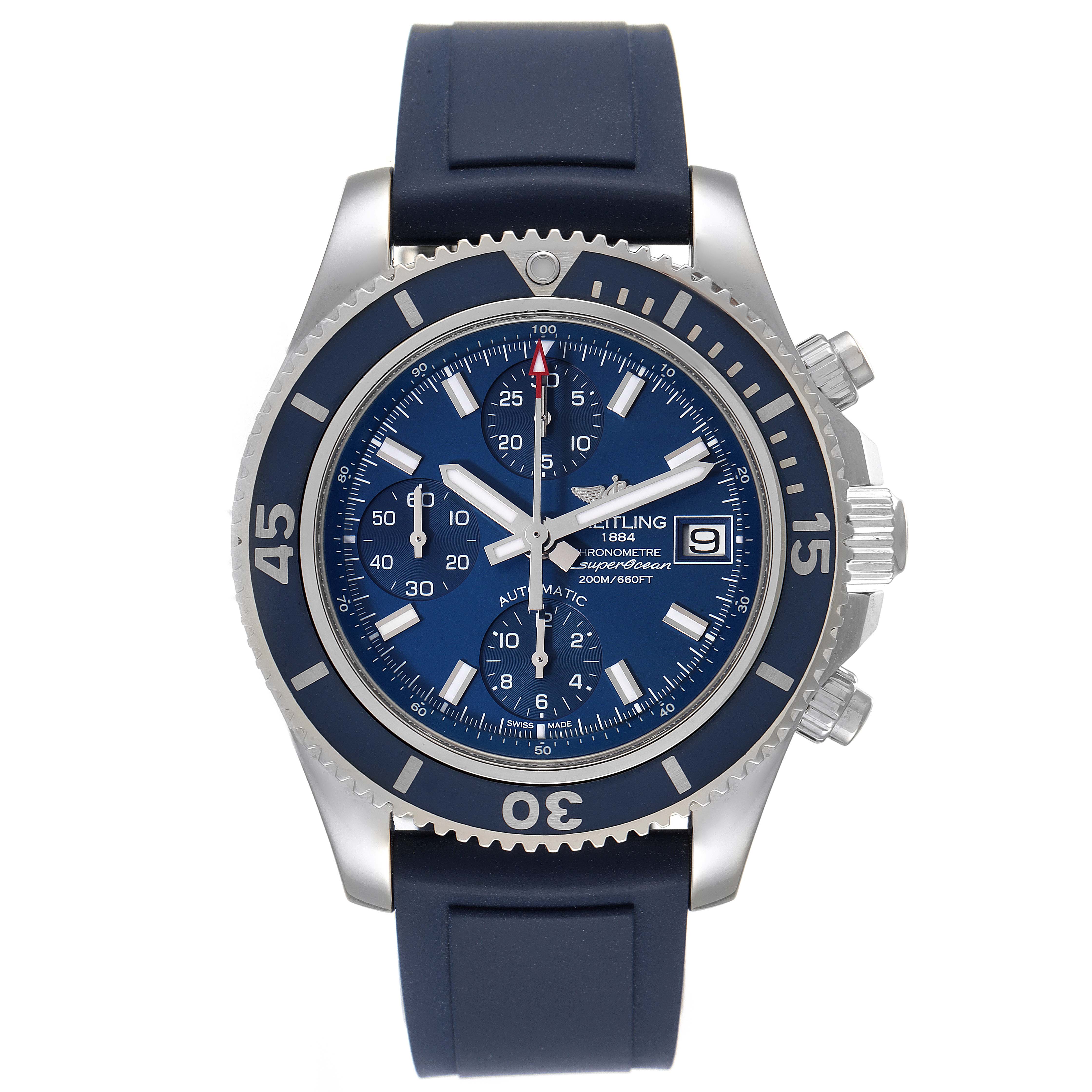 This Breitling Superocean A13311 Men's Stainless Steel Blue Dial A13311 Men's Stainless Steel Blue Dial model is shown from the front, displaying the dial, bezel, crown, and chronograph subdials.