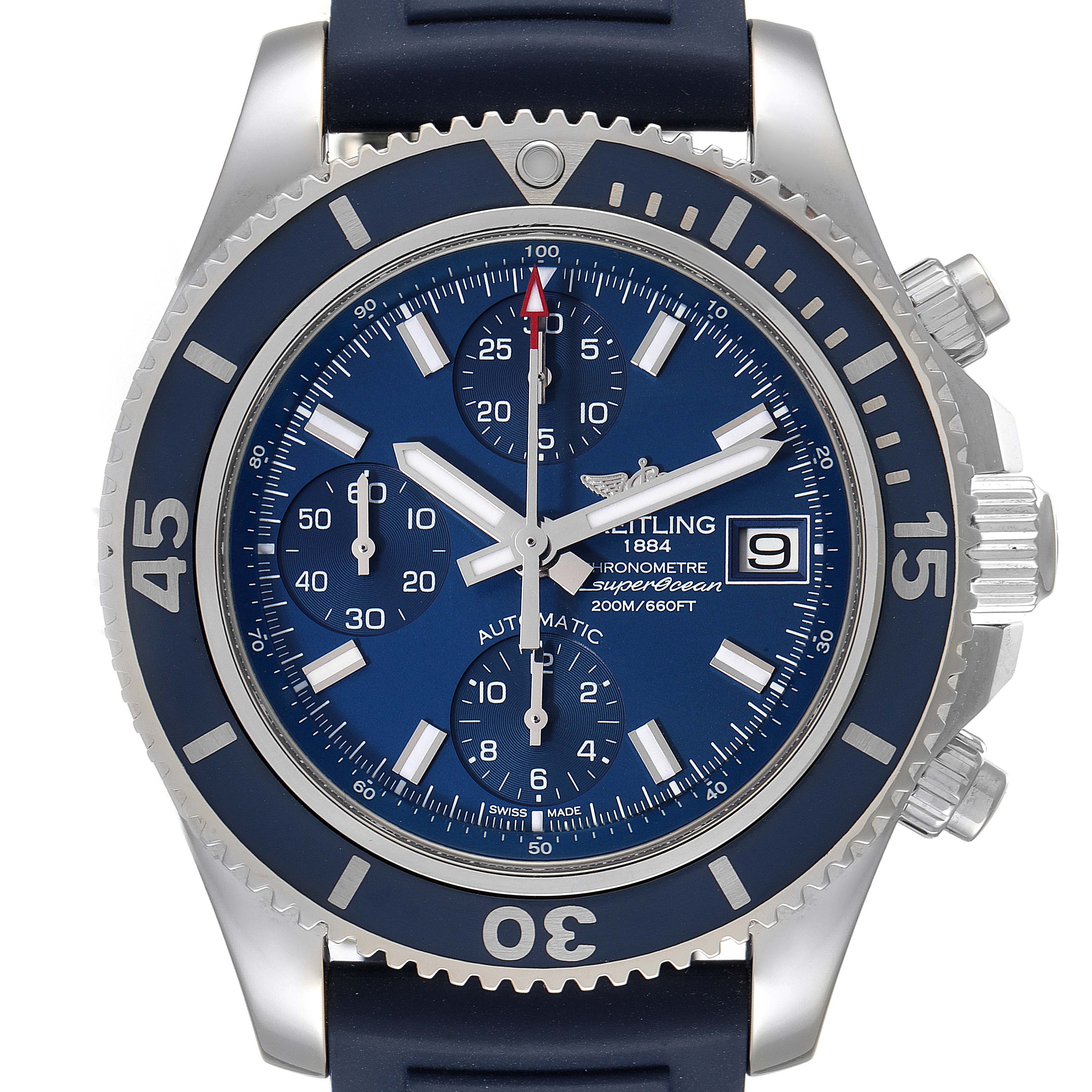The image shows a Breitling Superocean A13311 Men's Stainless Steel Blue Dial A13311 Men's Stainless Steel Blue Dial model watch from a front angle, displaying its bezel, dial, and strap.