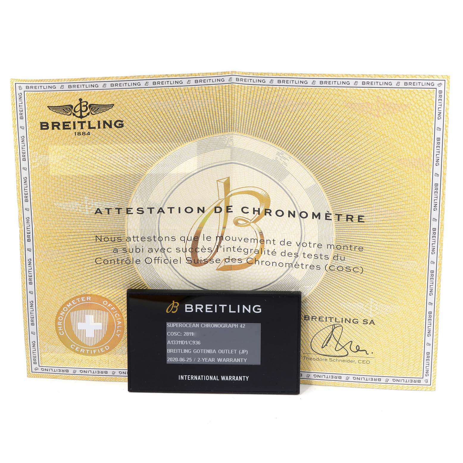 The image shows the certification and warranty card for the Breitling Superocean A13311 Men's Stainless Steel Blue Dial A13311 Men's Stainless Steel Blue Dial model laid flat.