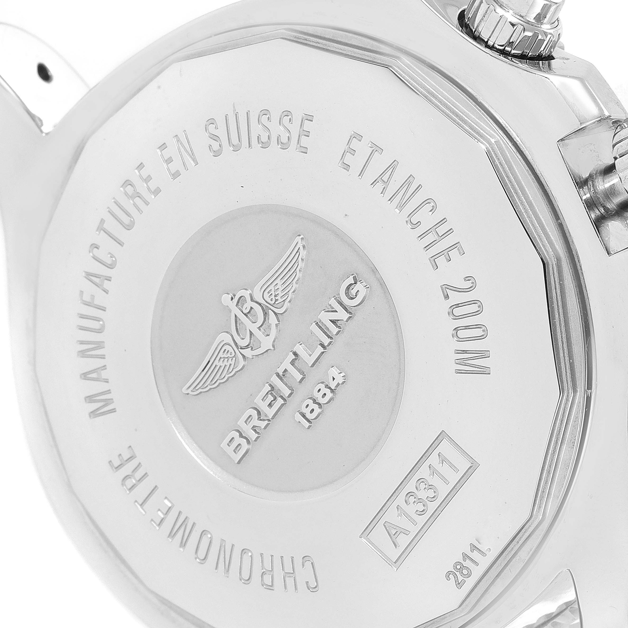 The image shows the back case of a Breitling Superocean A13311 Men's Stainless Steel Blue Dial A13311 Men's Stainless Steel Blue Dial watch, highlighting the brand, model details, and water resistance.