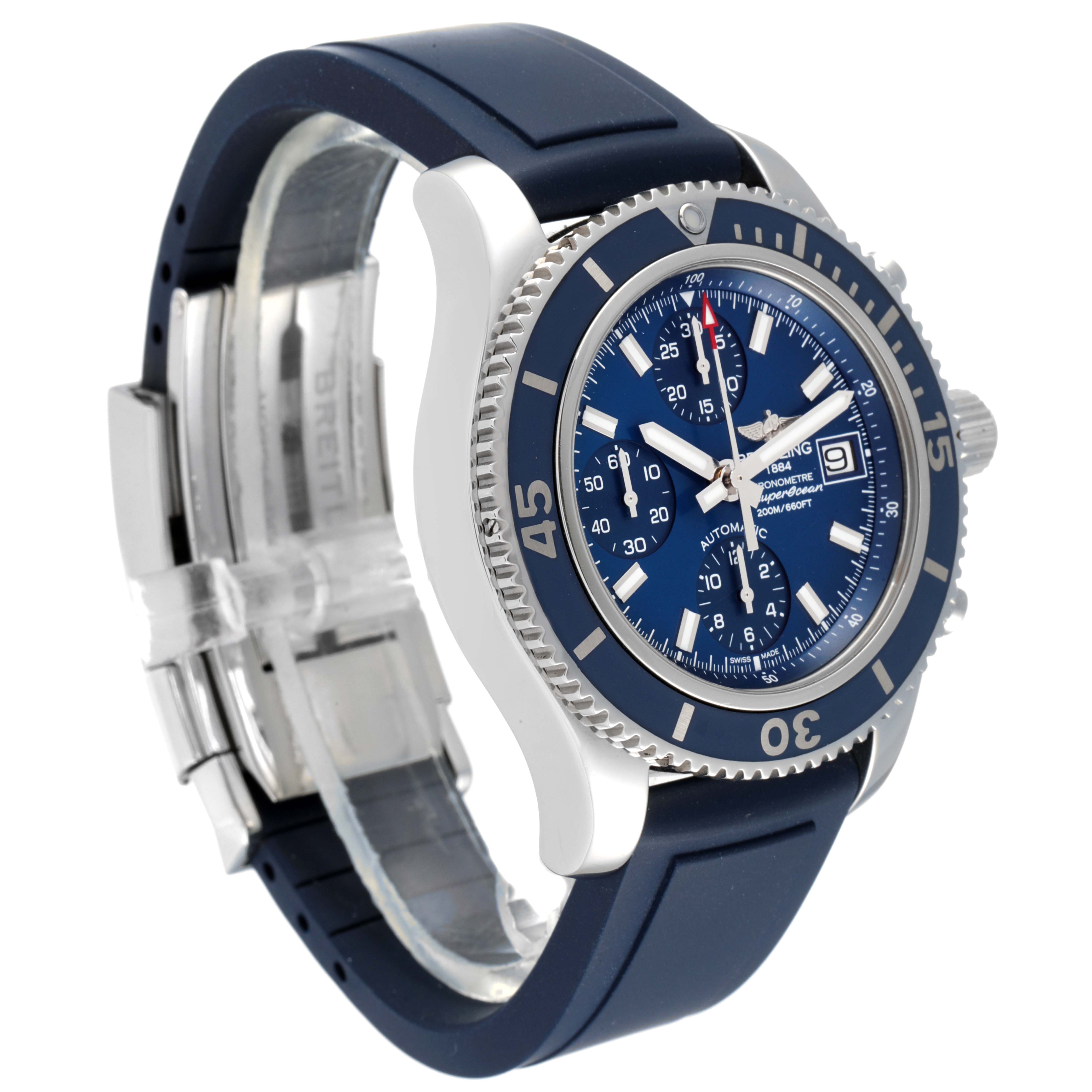 The Breitling Superocean A13311 Men's Stainless Steel Blue Dial A13311 Men's Stainless Steel Blue Dial watch is shown at a slight angle, featuring its face, bezel, and rubber strap.