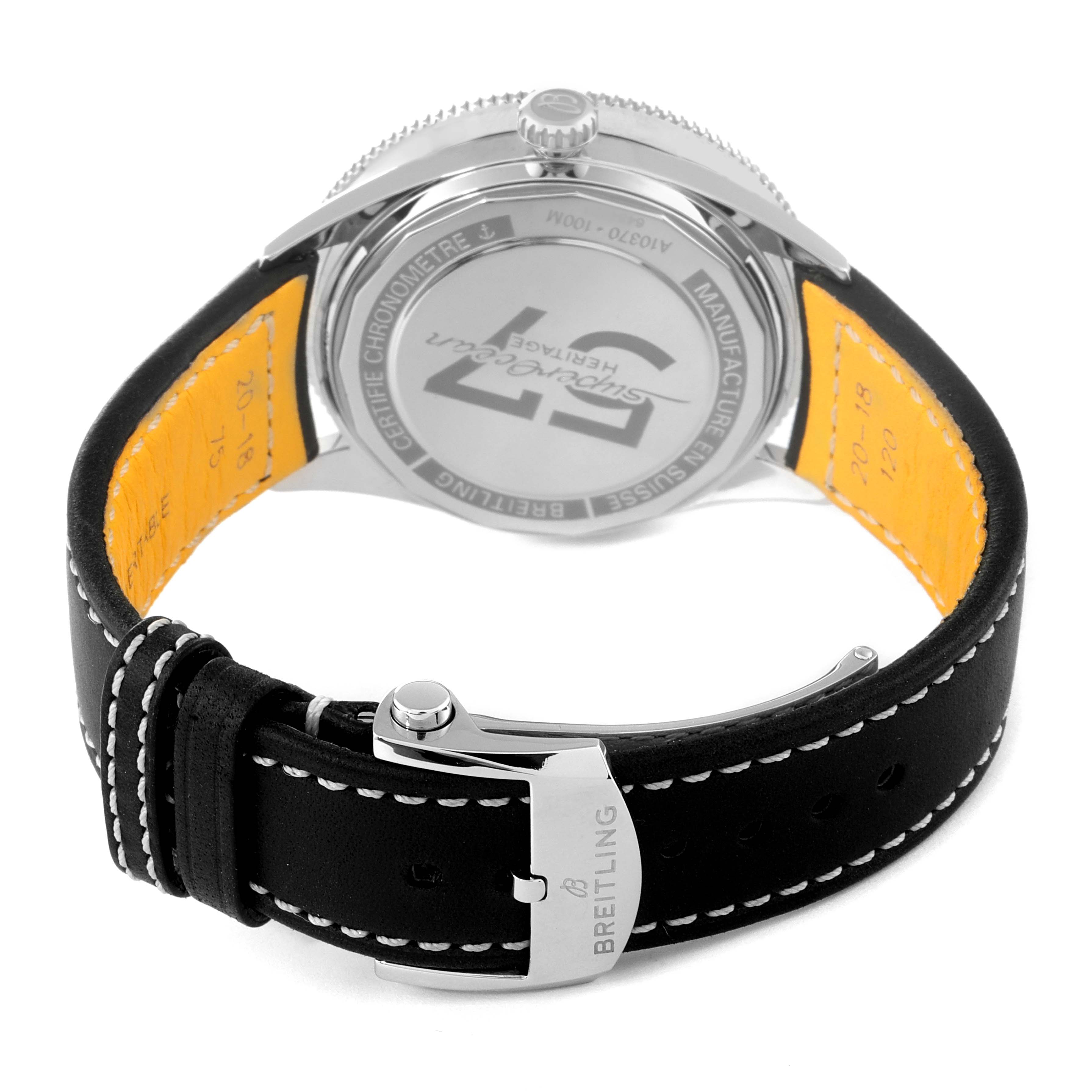 This image shows the backside and strap of a Breitling Superocean A10370 Men's Stainless Steel Black Dial A10370 Men's Stainless Steel Black Dial watch, highlighting the buckle and case back.