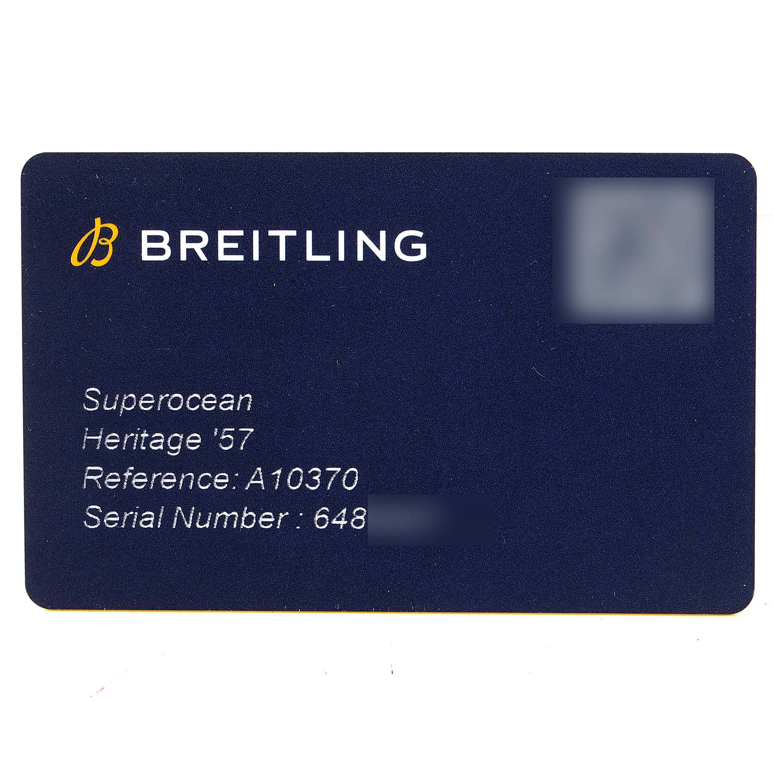 This image shows an identification card for the Breitling Superocean A10370 Men's Stainless Steel Black Dial A10370 Men's Stainless Steel Black Dial Heritage '57 watch, including reference and serial numbers.