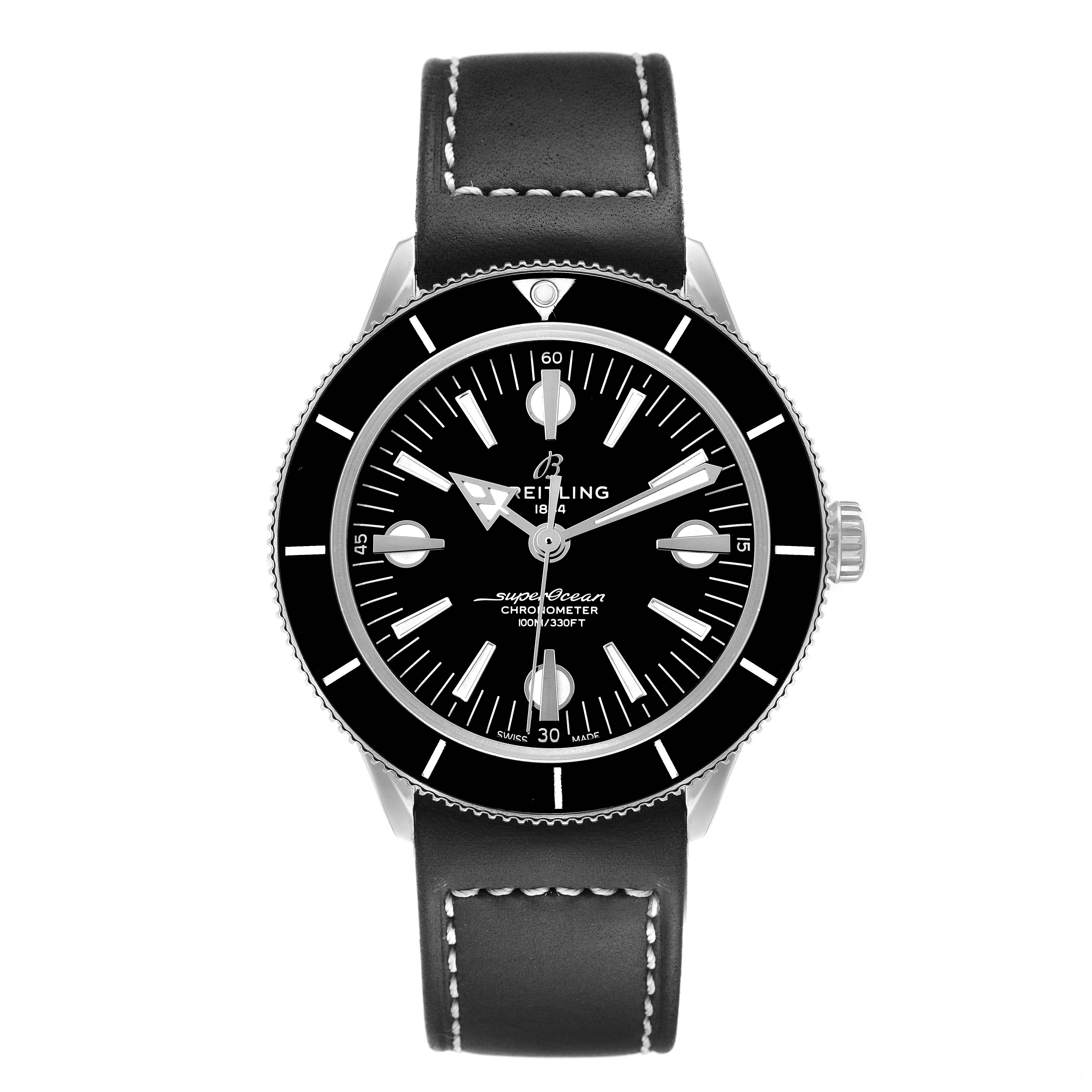 This image shows a front view of a Breitling Superocean A10370 Men's Stainless Steel Black Dial A10370 Men's Stainless Steel Black Dial watch with a black dial and leather strap.