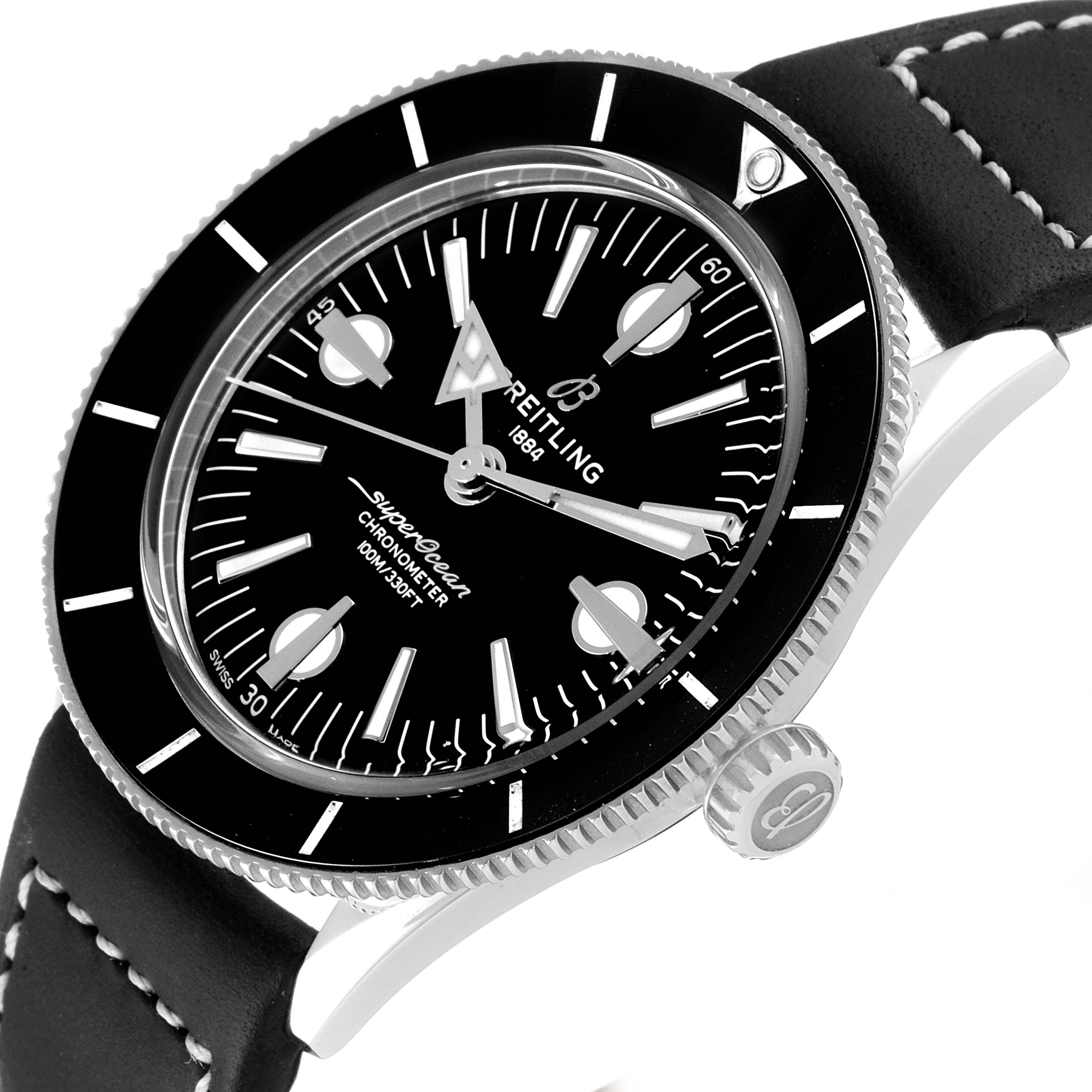 The Breitling Superocean A10370 Men's Stainless Steel Black Dial A10370 Men's Stainless Steel Black Dial watch is shown from an angled front view, highlighting the bezel, dial, crown, and strap.