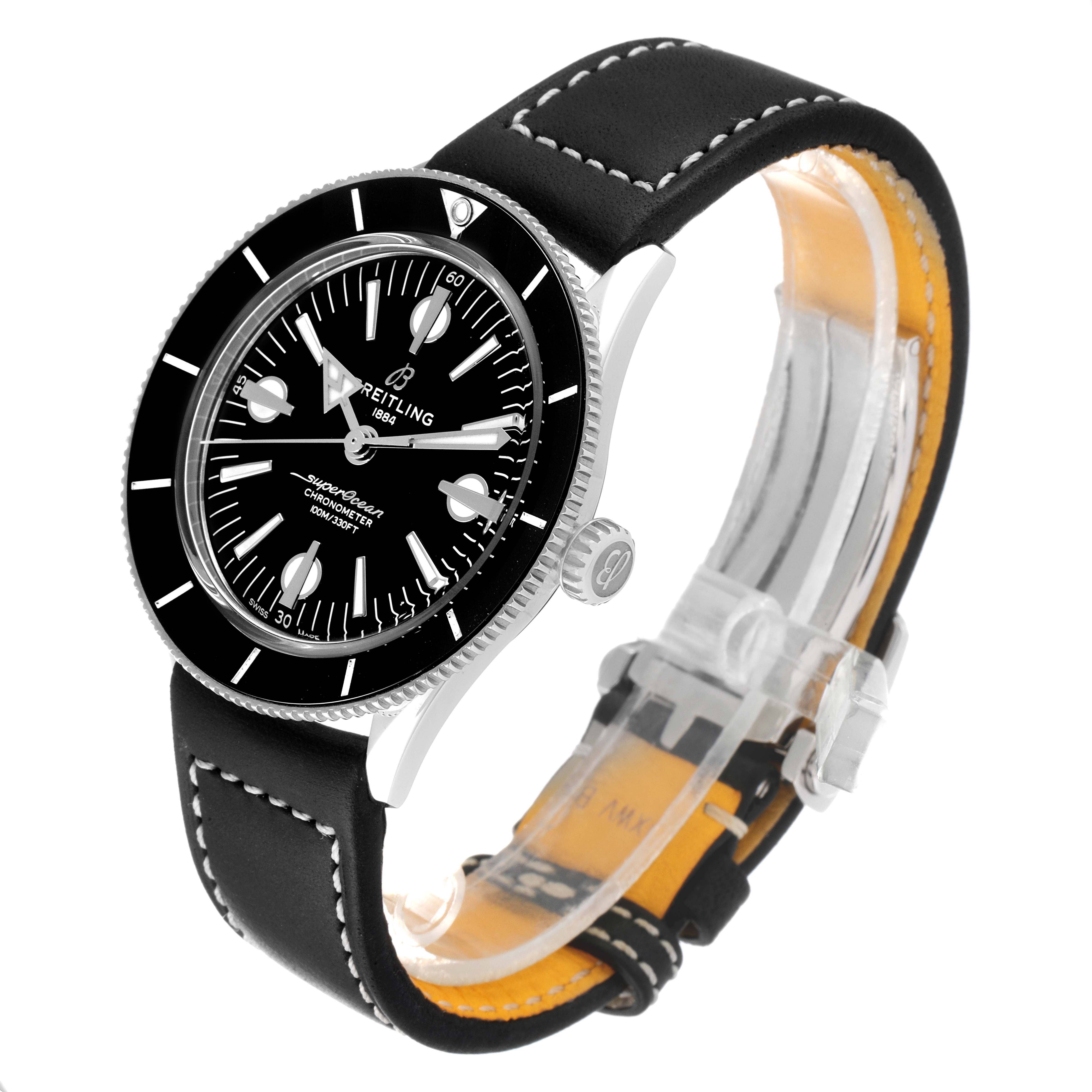 The Breitling Superocean A10370 Men's Stainless Steel Black Dial A10370 Men's Stainless Steel Black Dial watch is shown at an angle, displaying its face, bezel, crown, and black leather strap with stitching.