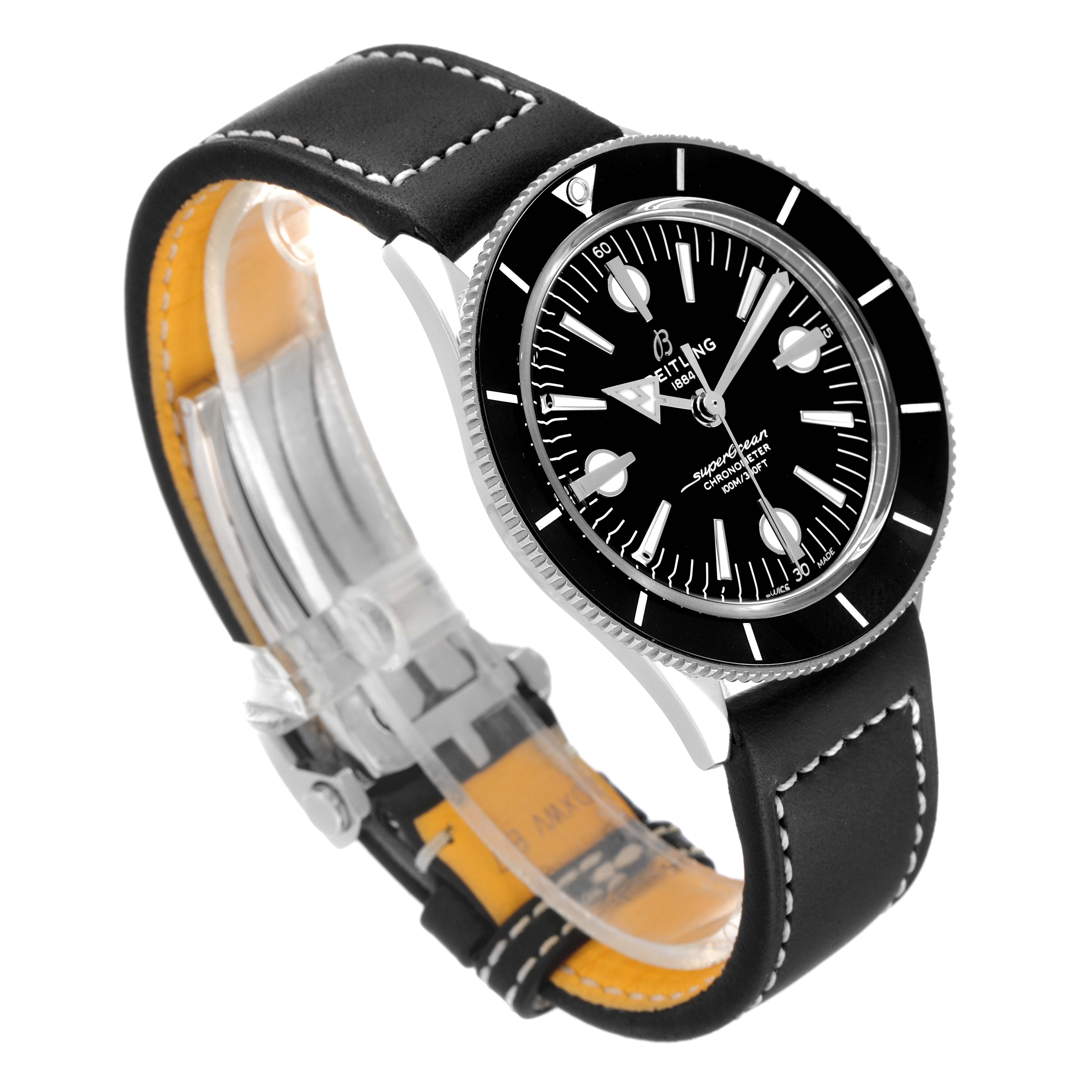 The image shows a Breitling Superocean A10370 Men's Stainless Steel Black Dial A10370 Men's Stainless Steel Black Dial watch at a three-quarter angle, highlighting the black dial, bezel, and leather strap with contrast stitching.
