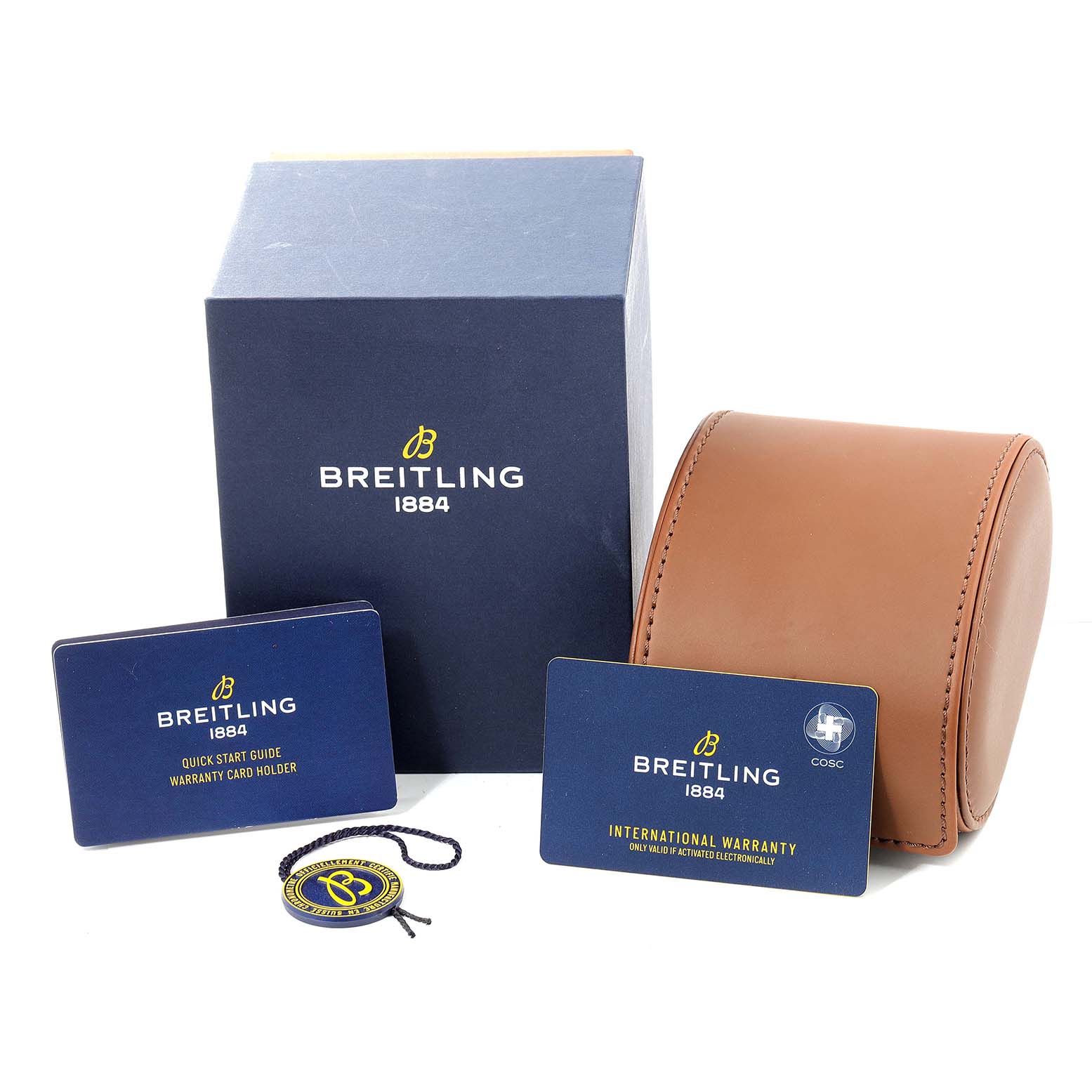 The image shows the packaging, warranty card, cardholder, and travel case for a Breitling Superocean A10370 Men's Stainless Steel Black Dial A10370 Men's Stainless Steel Black Dial watch.
