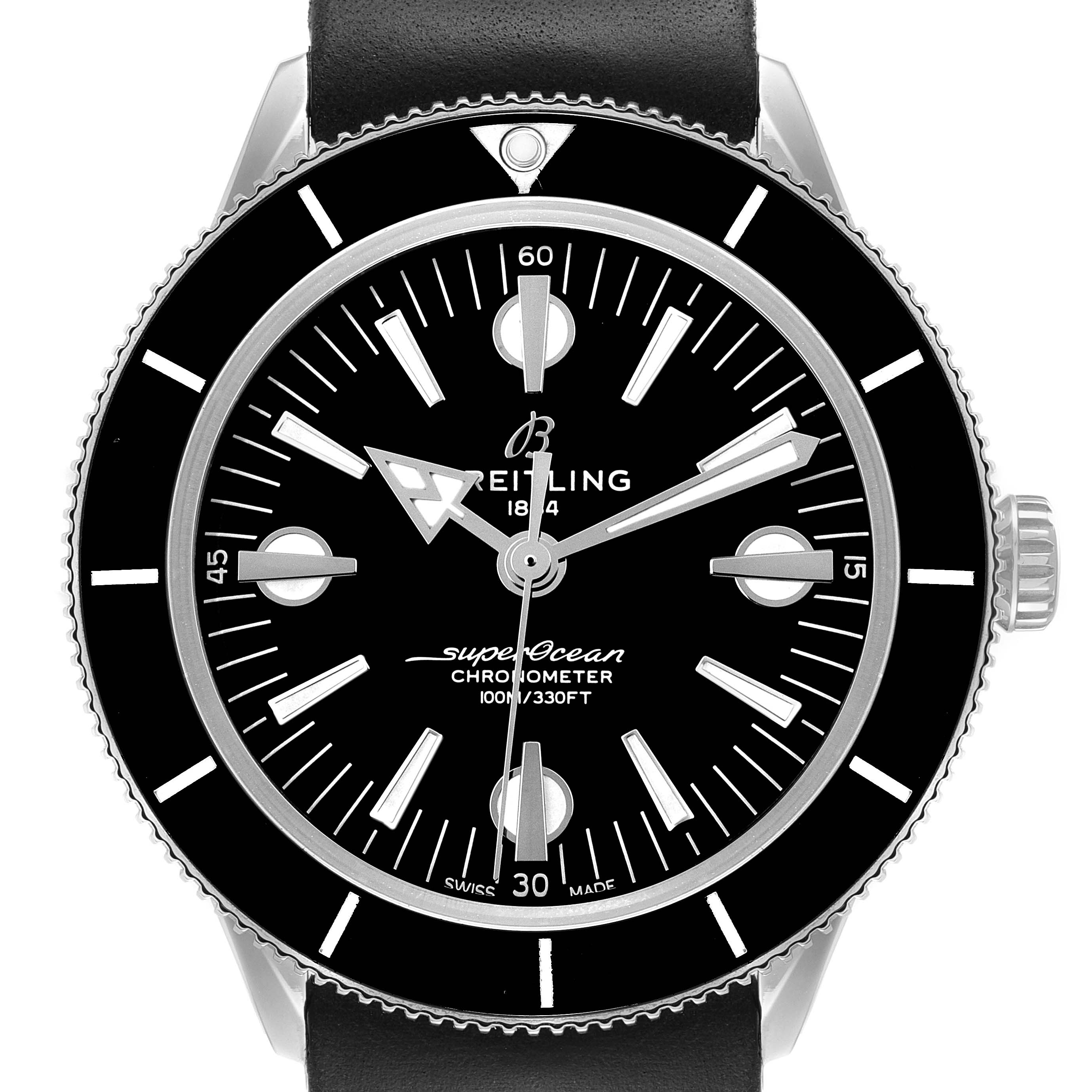 This image shows a front view of the Breitling Superocean A10370 Men's Stainless Steel Black Dial A10370 Men's Stainless Steel Black Dial watch, highlighting its black dial, hands, bezel, and crown.