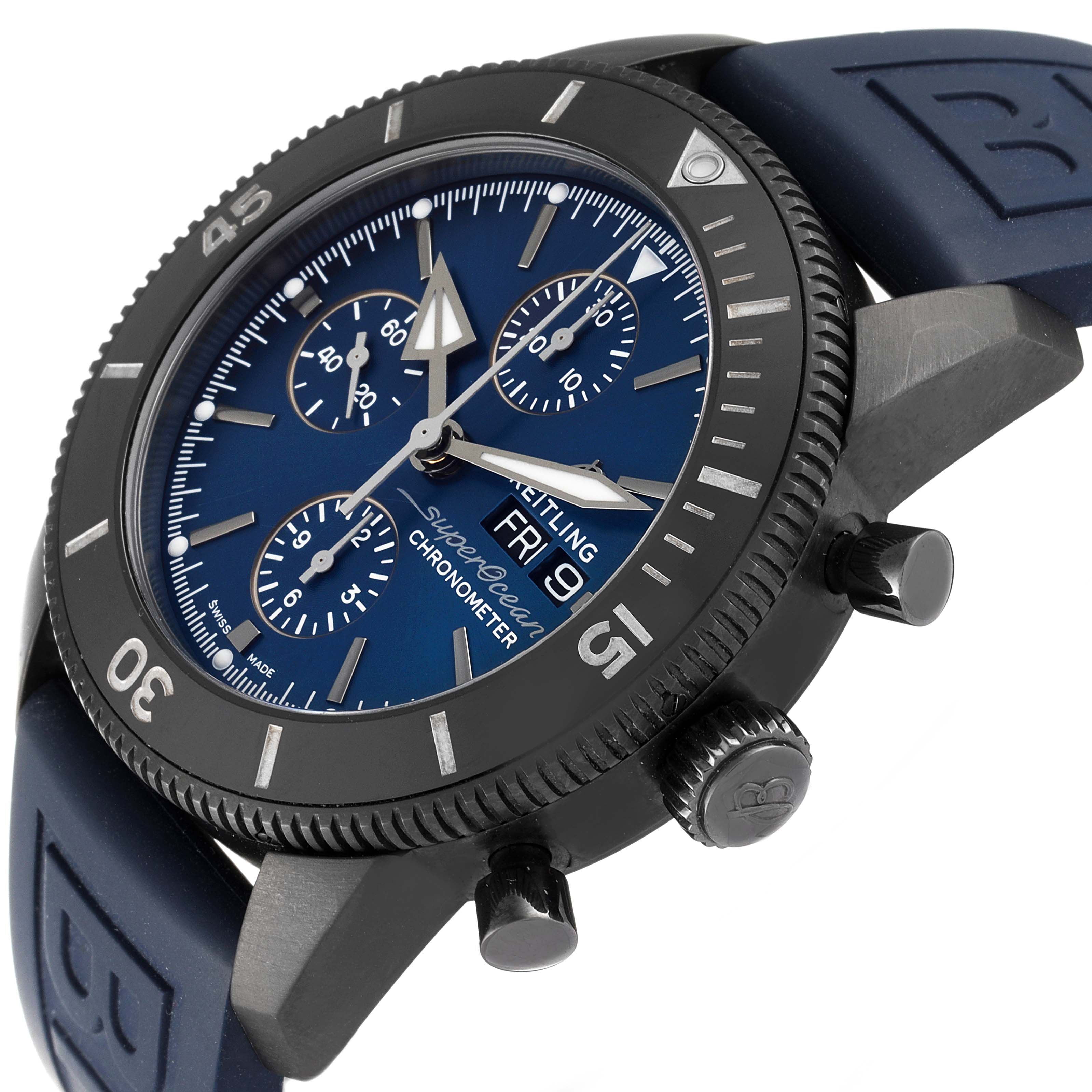 The image shows a Breitling Superocean M13313 Men's Stainless Steel Blue Dial M13313 Men's Stainless Steel Blue Dial watch from a three-quarter side angle, highlighting the dial, bezel, and crown.