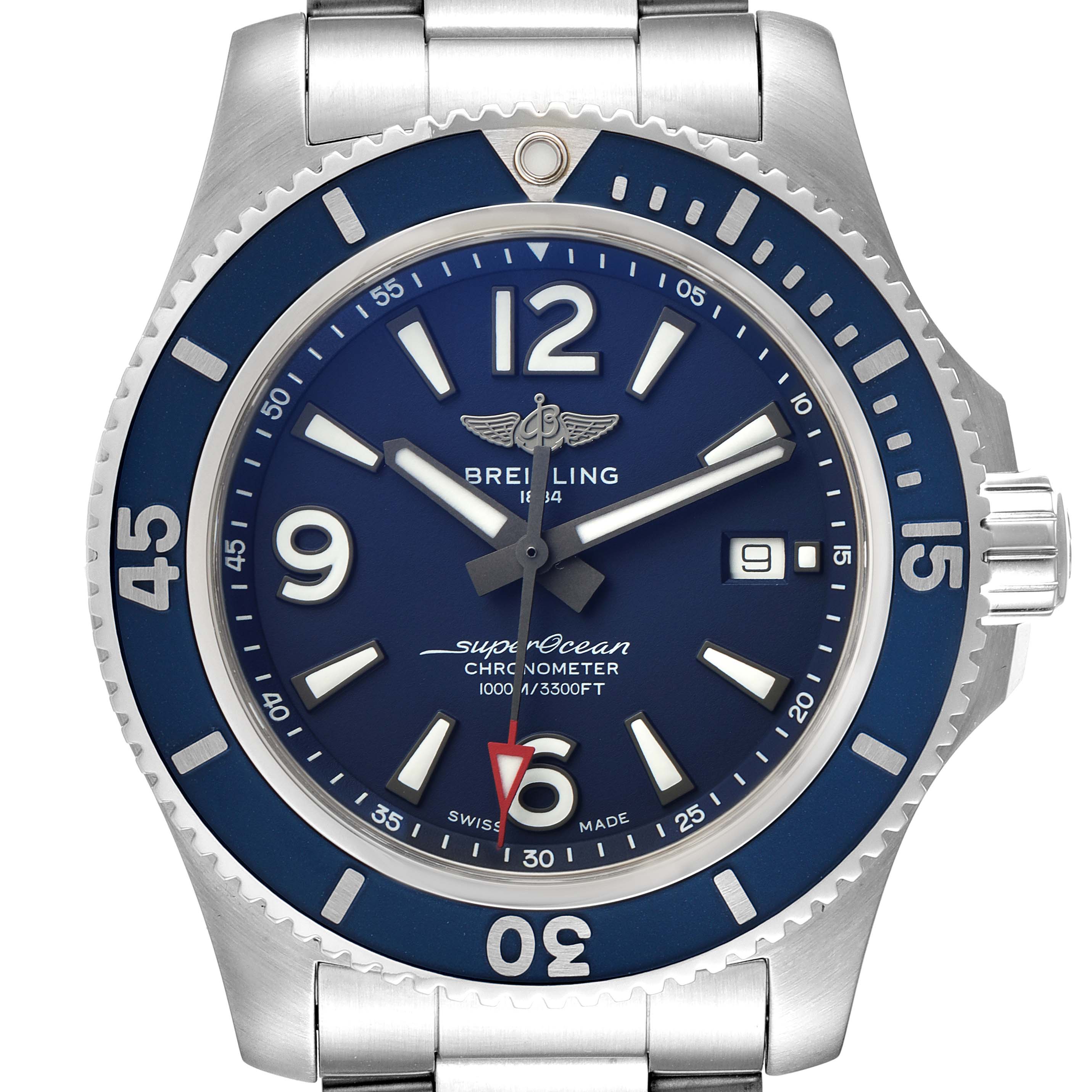 This image shows a front view of the Breitling Superocean A17367 Men's Stainless Steel Blue Dial A17367 Men's Stainless Steel Blue Dial watch, highlighting its dial, bezel, case, bracelet, and crown.