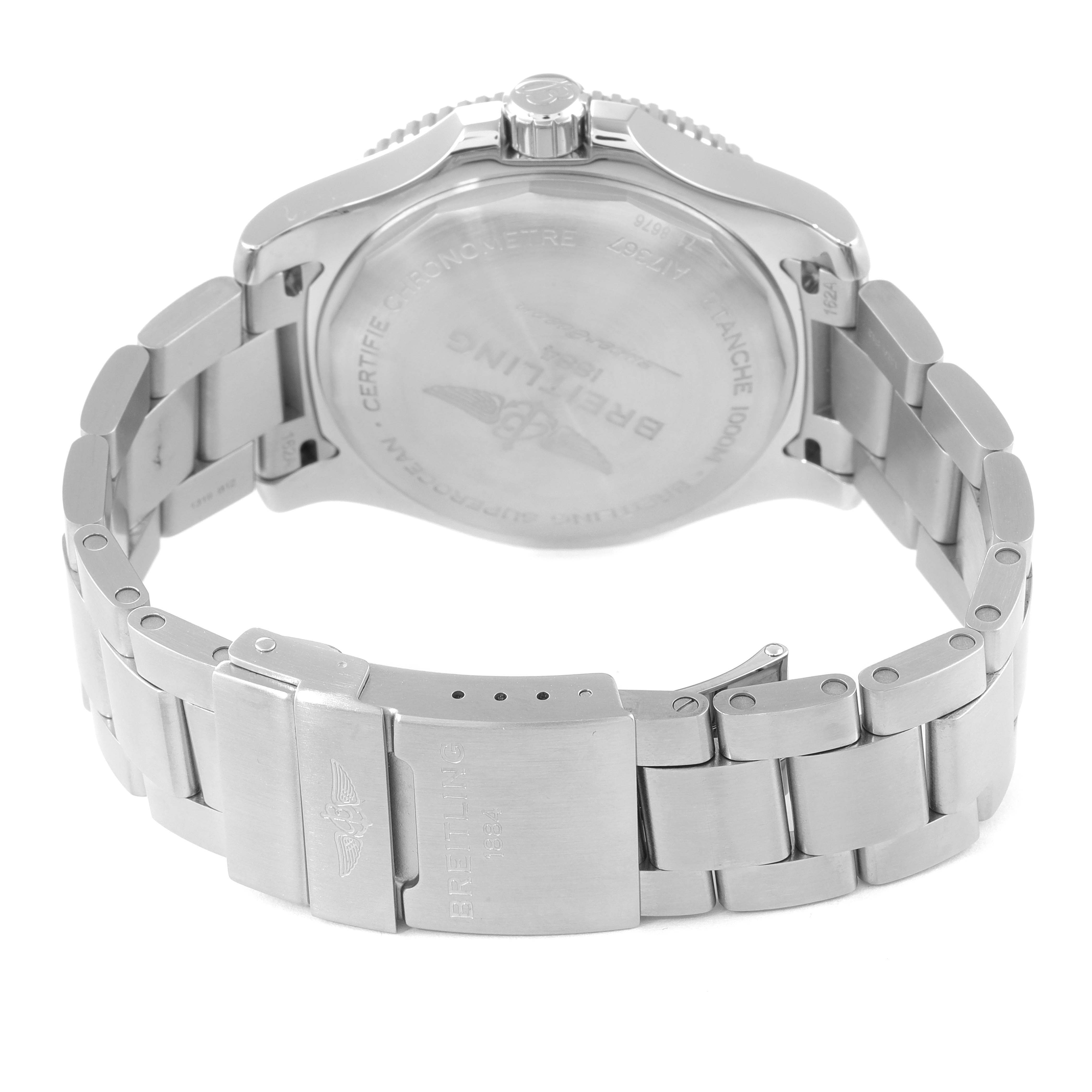 This image features a rear view of a Breitling Superocean A17367 Men's Stainless Steel Blue Dial A17367 Men's Stainless Steel Blue Dial watch, highlighting its back case and bracelet clasp.