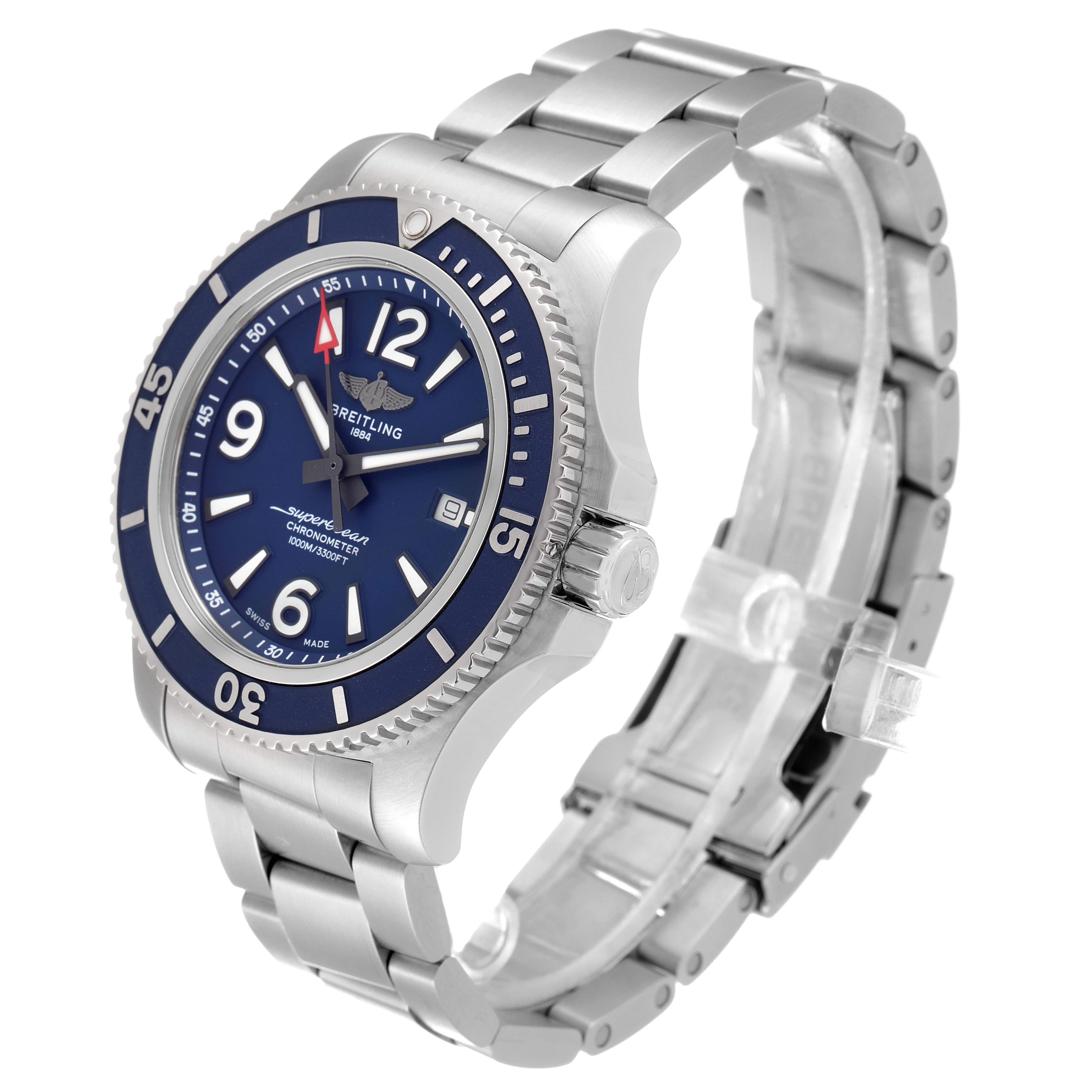 The image shows a side angle of the Breitling Superocean A17367 Men's Stainless Steel Blue Dial A17367 Men's Stainless Steel Blue Dial watch, highlighting the dial, bezel, crown, and stainless steel bracelet.