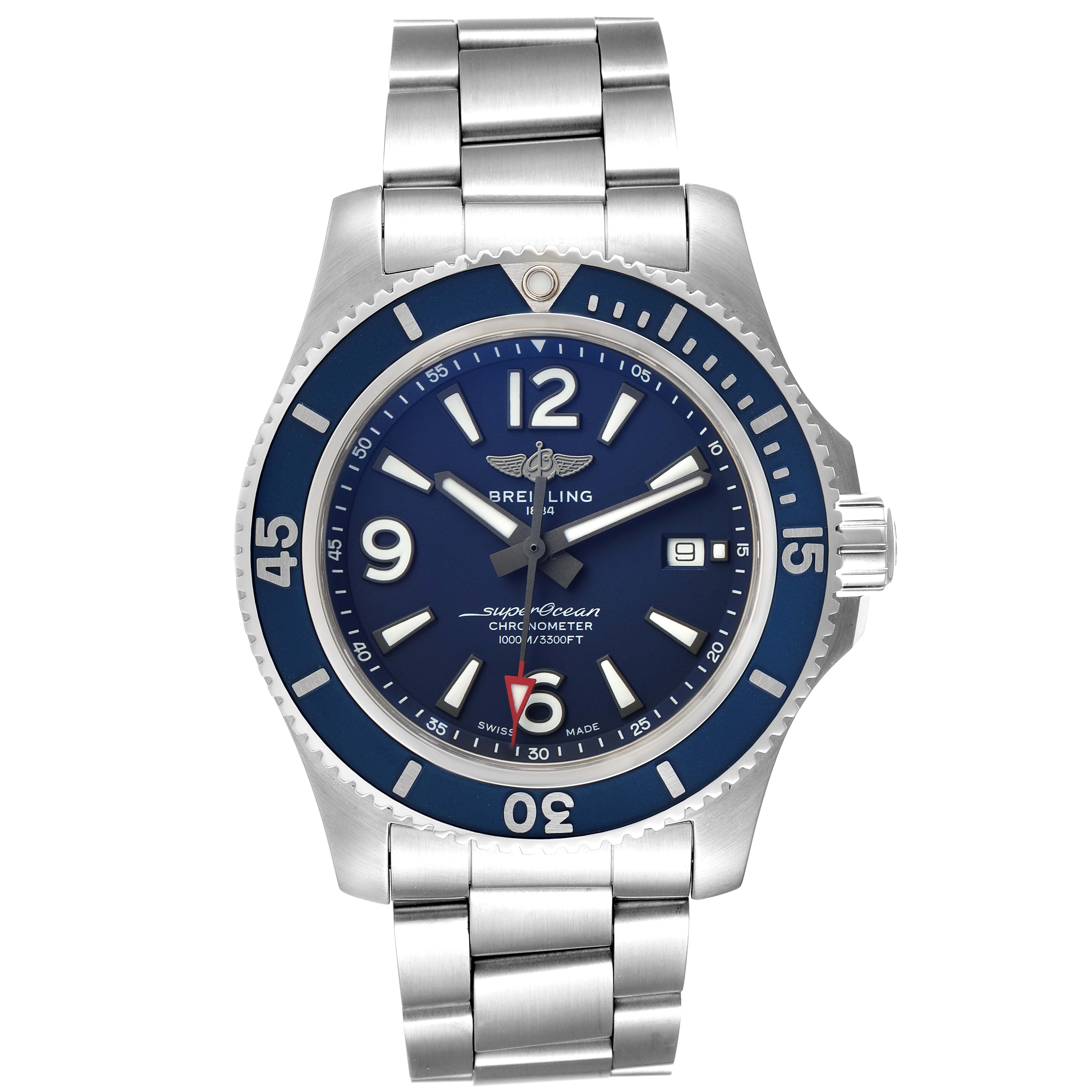 This image shows the front view of a Breitling Superocean A17367 Men's Stainless Steel Blue Dial A17367 Men's Stainless Steel Blue Dial watch, highlighting its blue dial and stainless steel bracelet.