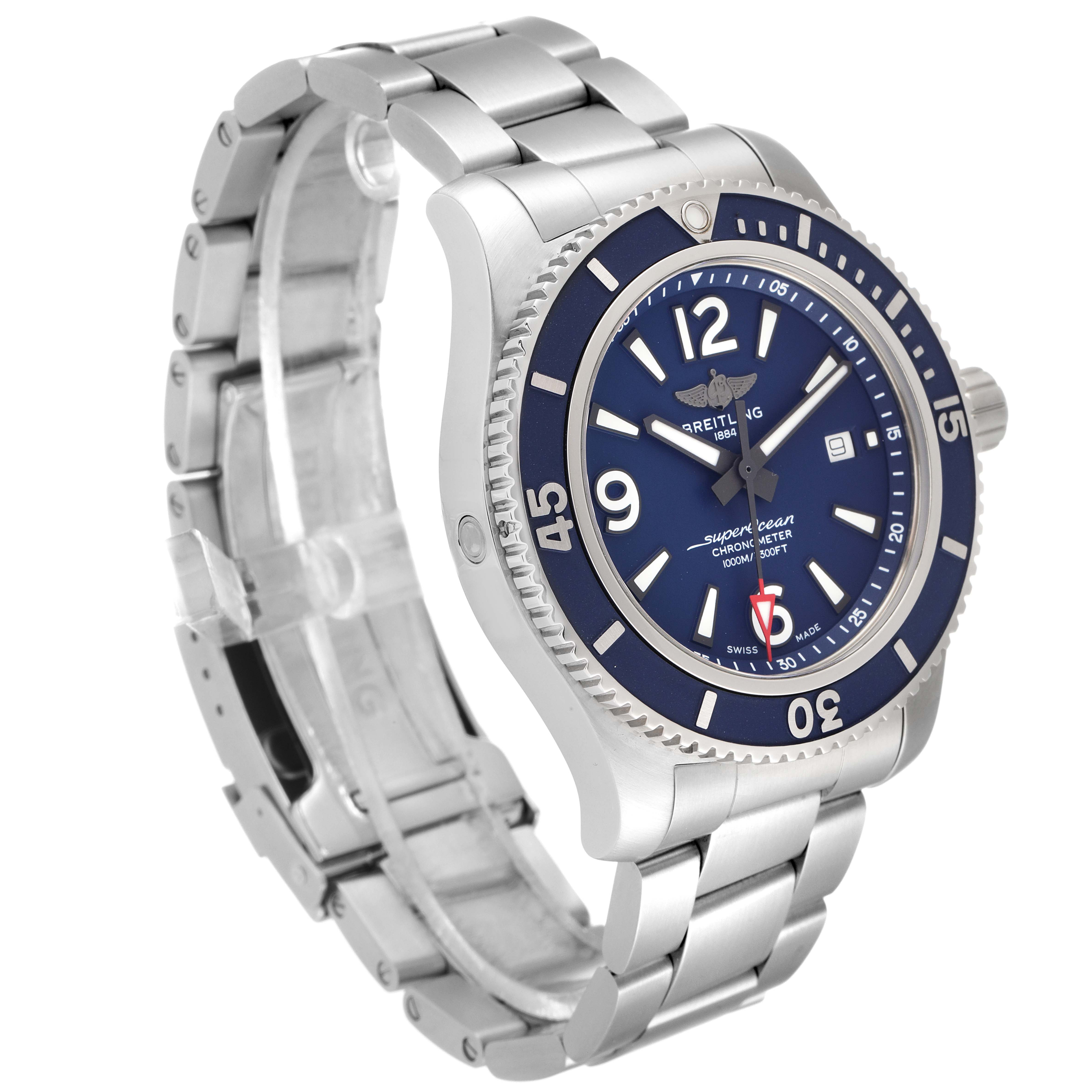 This image shows a Breitling Superocean A17367 Men's Stainless Steel Blue Dial A17367 Men's Stainless Steel Blue Dial watch angled from the front-left, displaying the face, bezel, and bracelet.