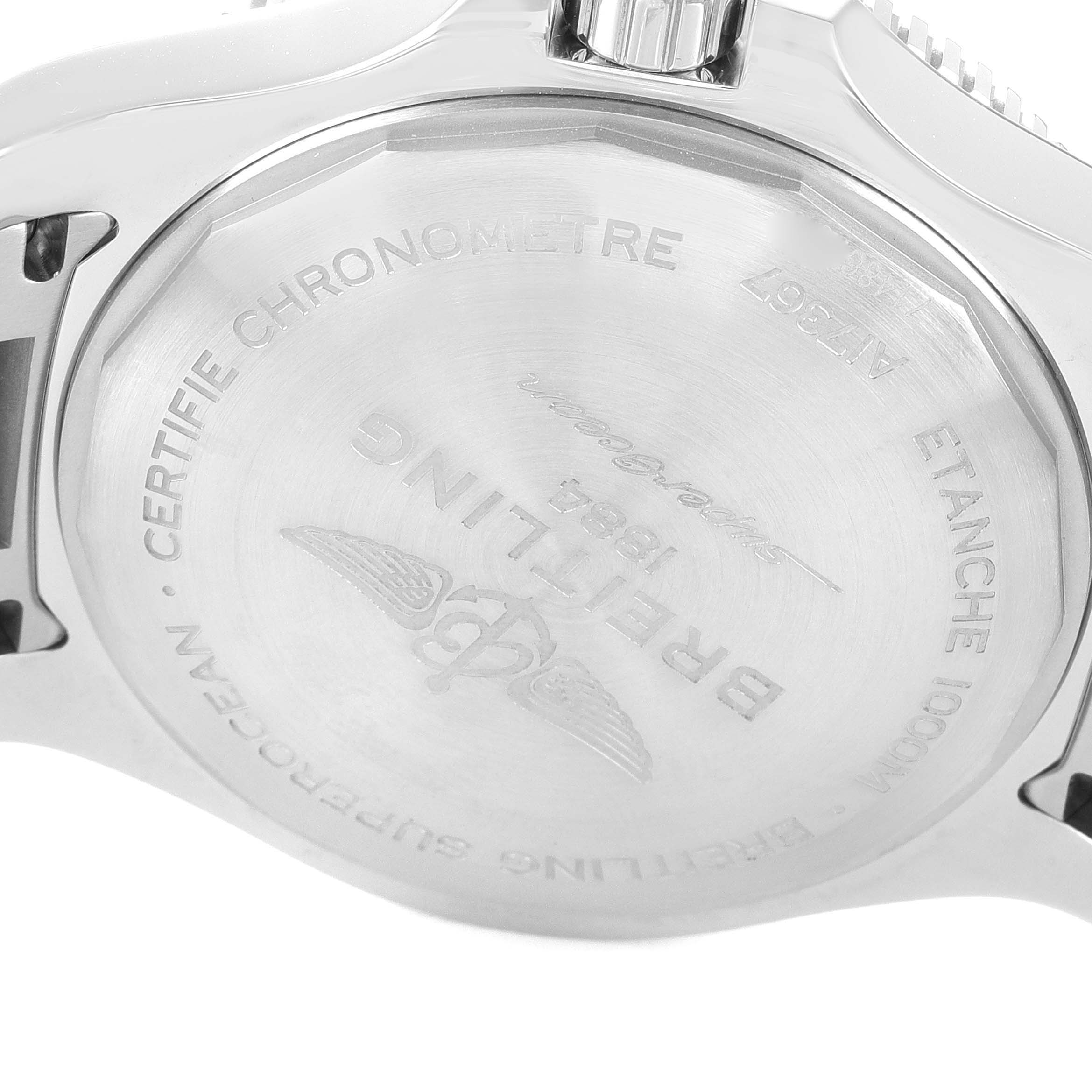 The image shows the case back of a Breitling Superocean A17367 Men's Stainless Steel Blue Dial A17367 Men's Stainless Steel Blue Dial watch from an angled, close-up view.