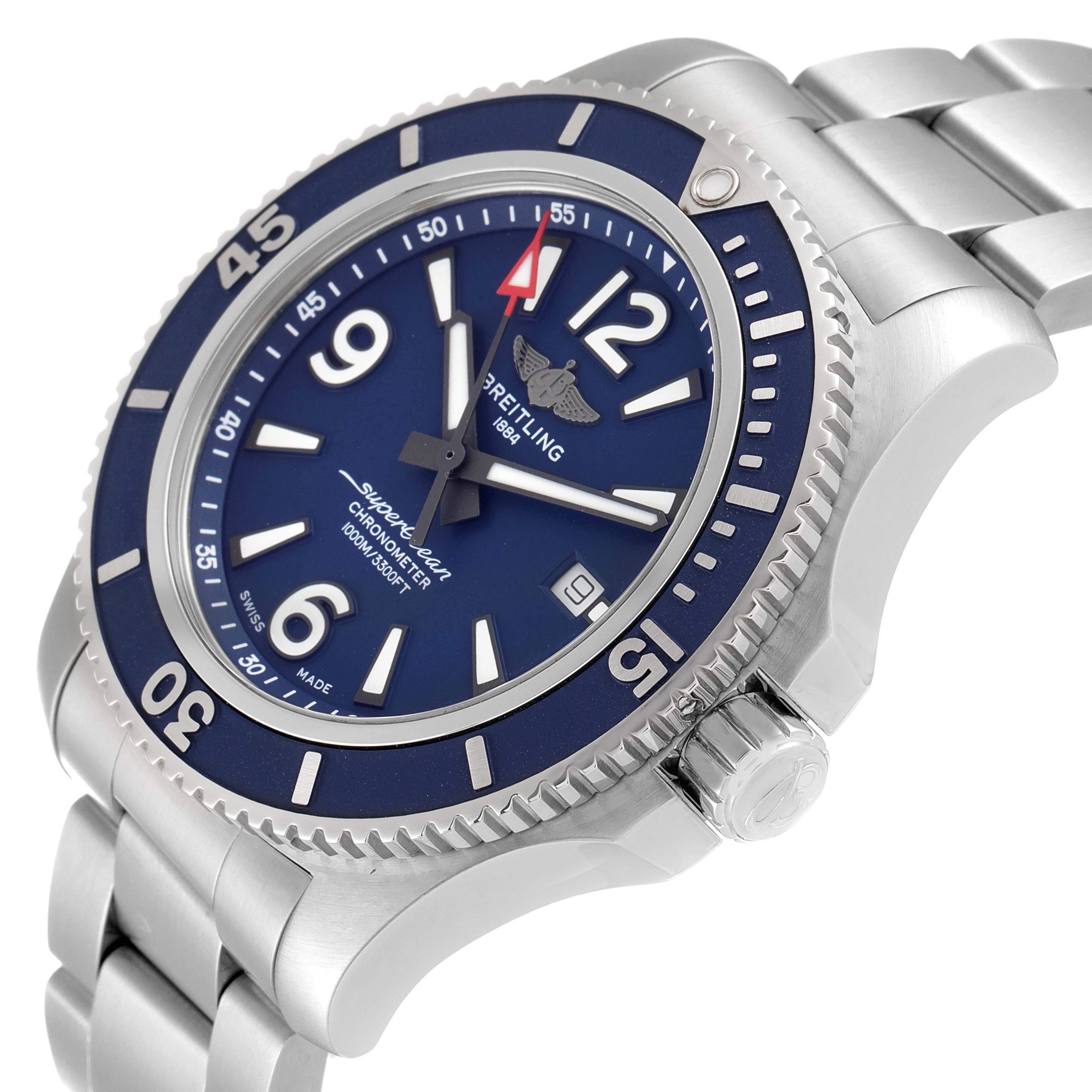 The Breitling Superocean A17367 Men's Stainless Steel Blue Dial A17367 Men's Stainless Steel Blue Dial watch is shown from a slight angle, highlighting its blue bezel, dial, date window, and stainless steel bracelet.