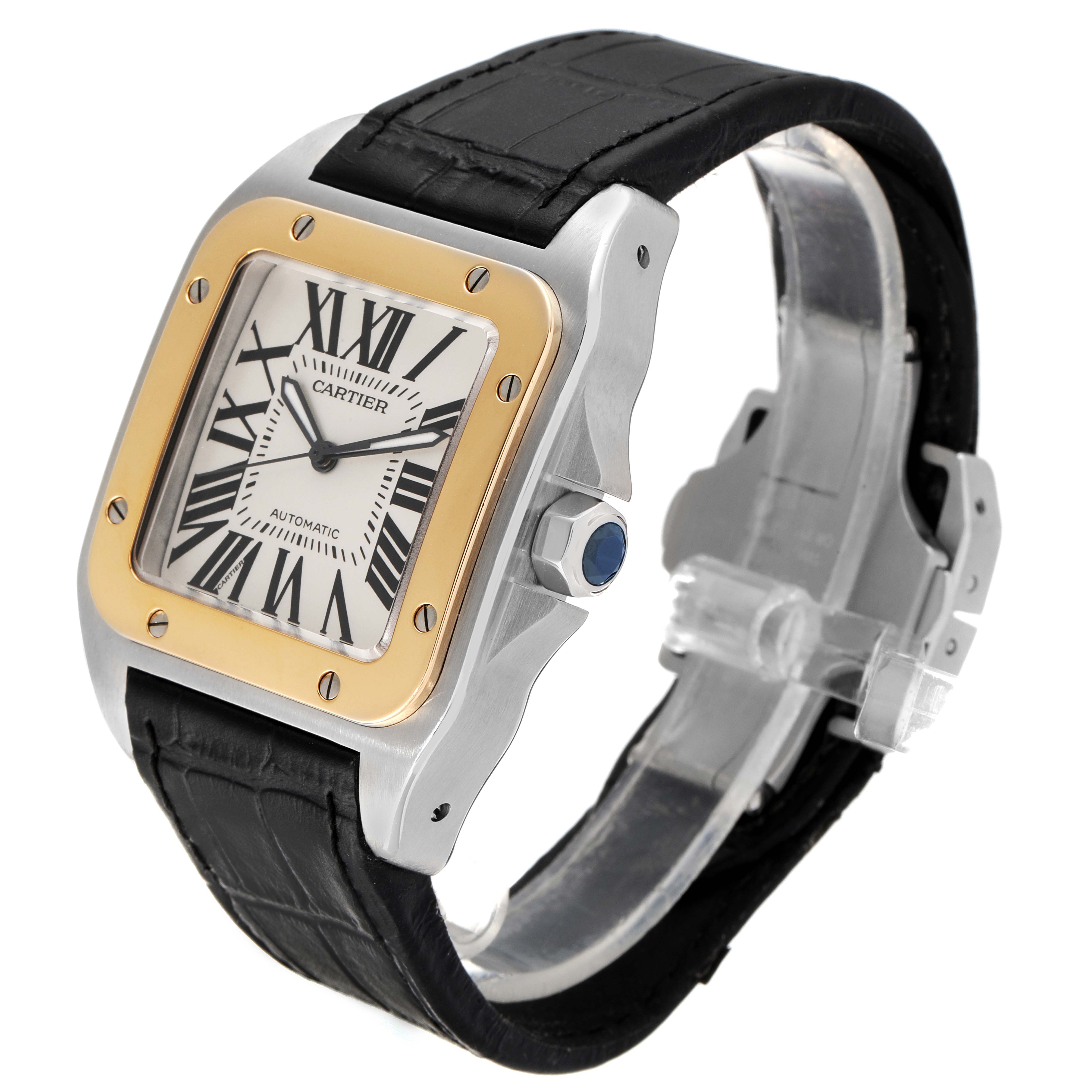 This image shows a side view of the Cartier Santos W20072X7 Men
s Steel and Gold (two tone) Silver Dial W20072X7 Men
s Steel and Gold (two tone) Silver Dial watch, showcasing its dial, bezel, crown, and black leather strap.