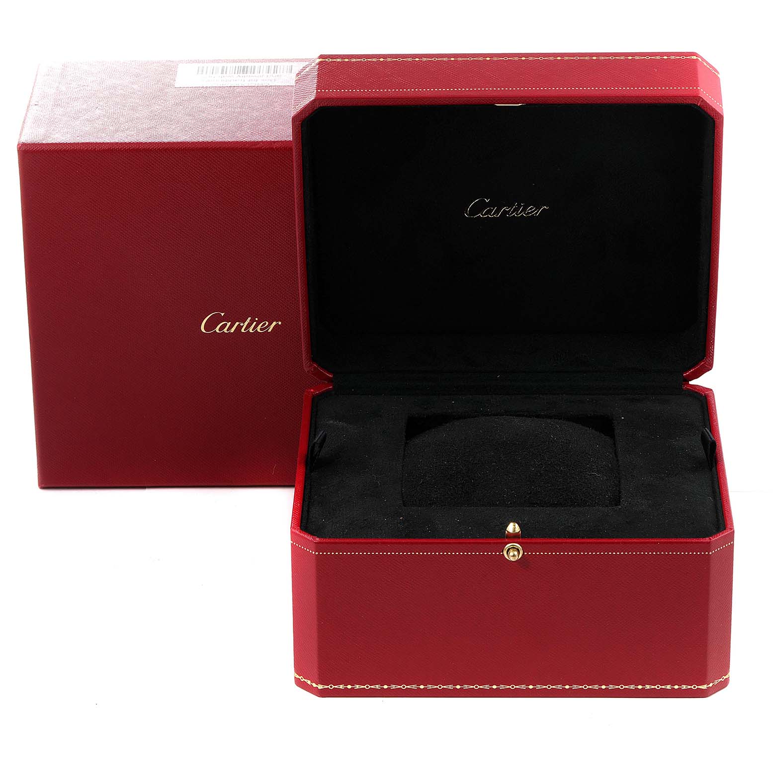 This image shows an open red Cartier box for the Santos model watch, revealing the interior compartment for the watch.