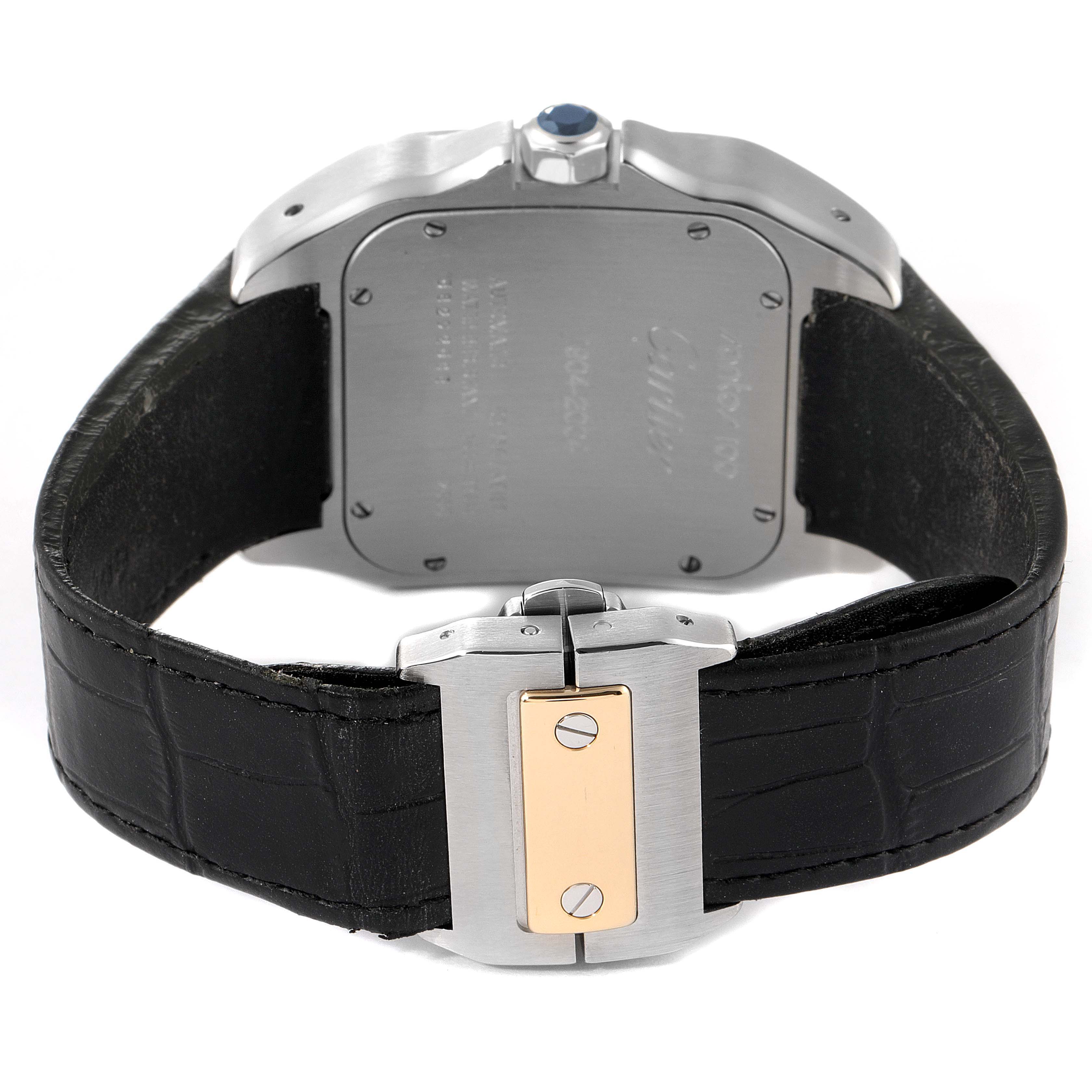 The image shows the back of a Santos model by Cartier, highlighting the case back, leather strap, and clasp.