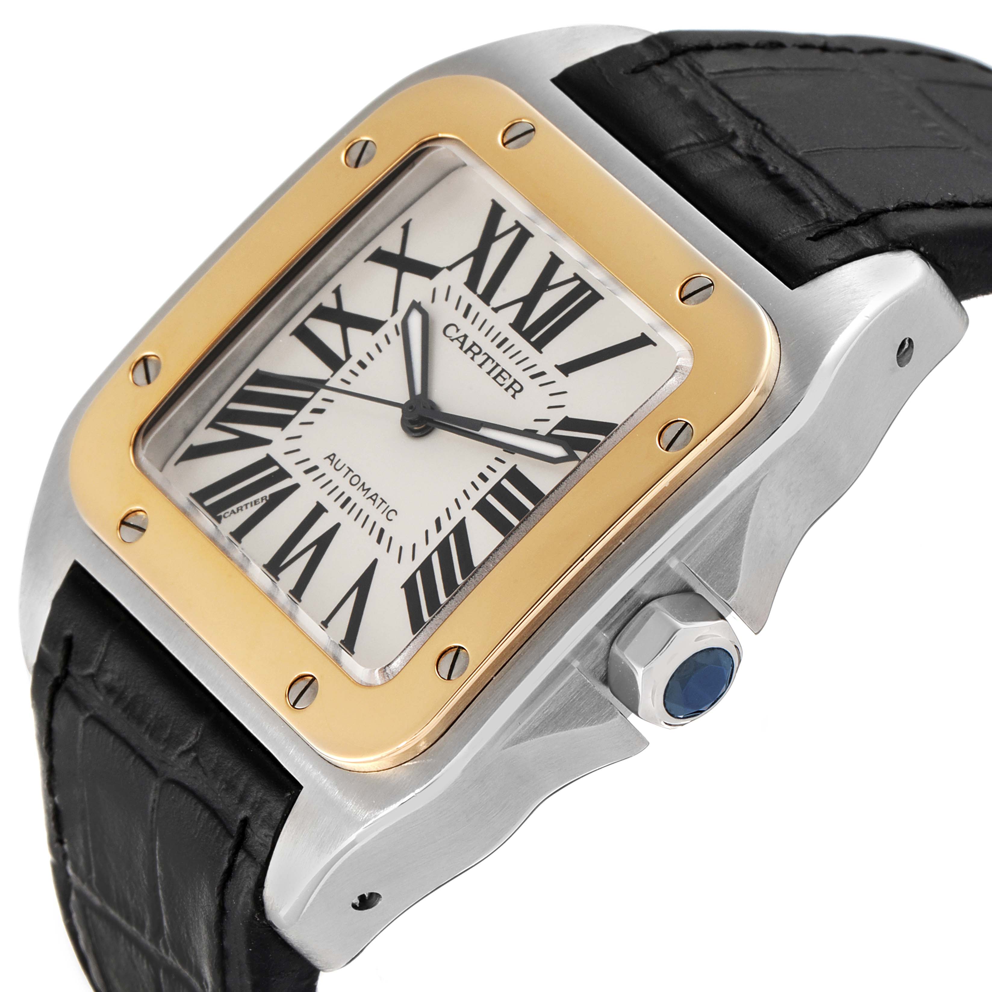 This image shows a close-up of the face, bezel, crown, and strap of a Cartier Santos W20072X7 Men
s Steel and Gold (two tone) Silver Dial W20072X7 Men
s Steel and Gold (two tone) Silver Dial watch at an angle.